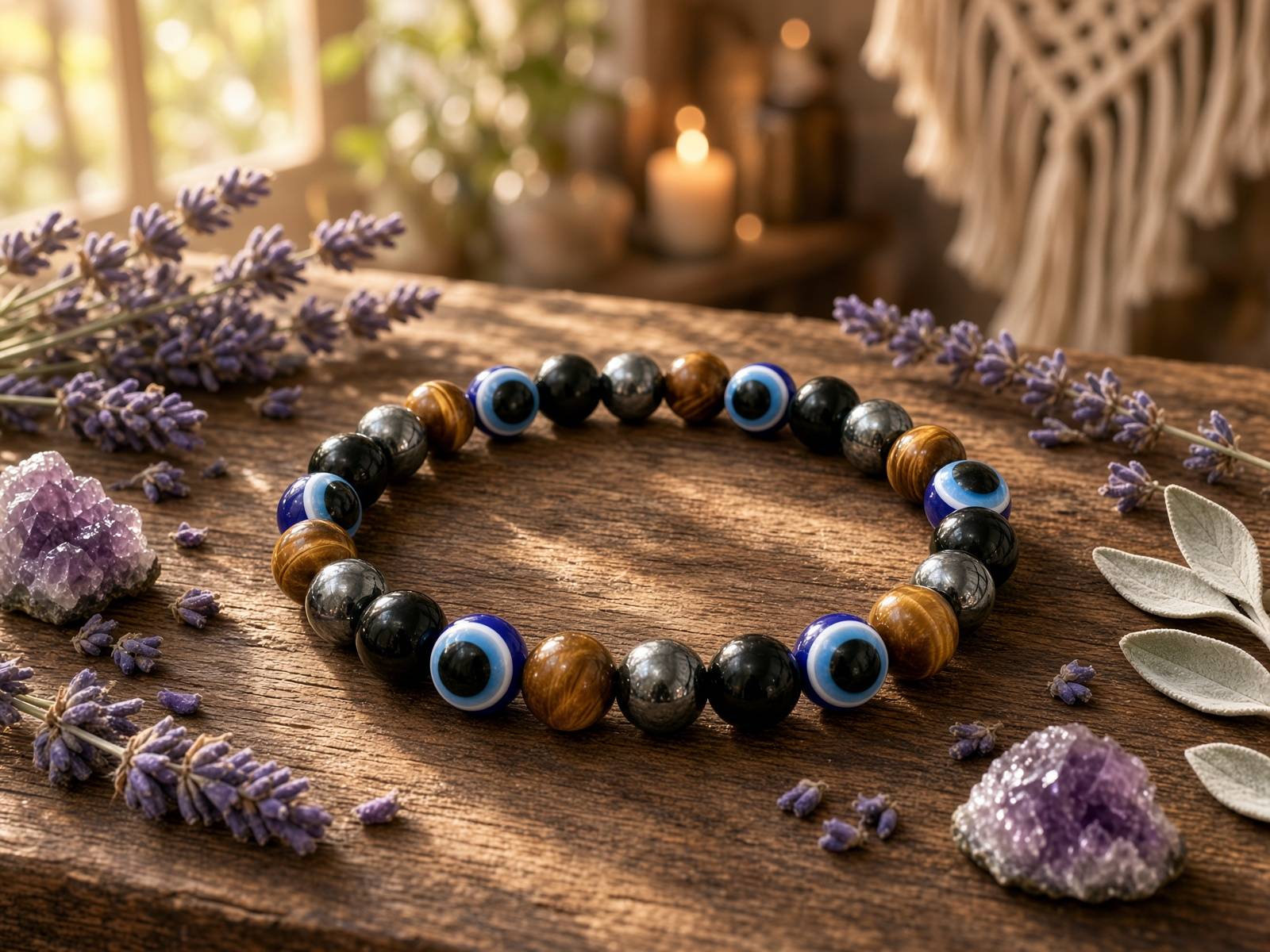 Evil Eye Bracelet With Triple Protection Crystal Beads - Black Obsidian, Gold Tiger Eye &  — Tiger Eye bracelets