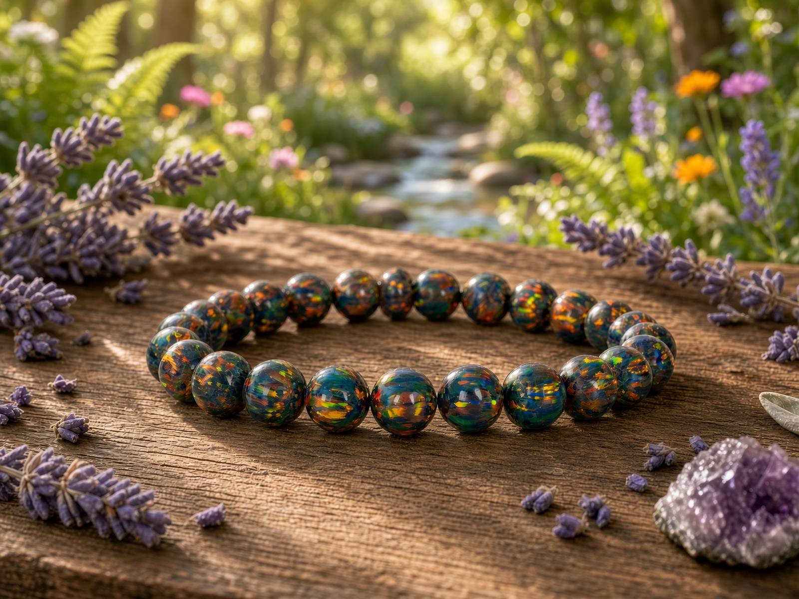 Black Fire Opal Beaded Bracelet - Handmade Lab-Created Stretch Bracelet for Men & Women — Obsidian bracelets