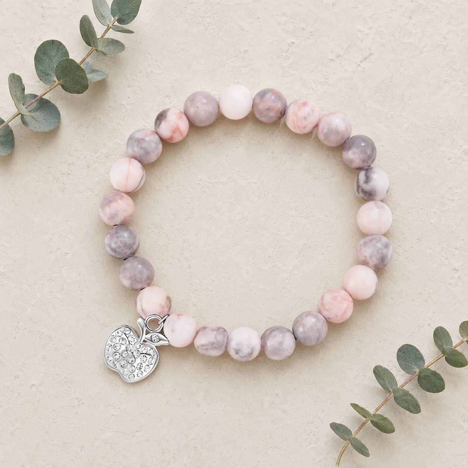 Lapis Lazuli & Purple Agate & Pink Zebra Stone Beaded Bracelet — Apple Charm Heart Charm — Lapis Lazuli, Purple Agate, Pink Zebra Stone bracelets