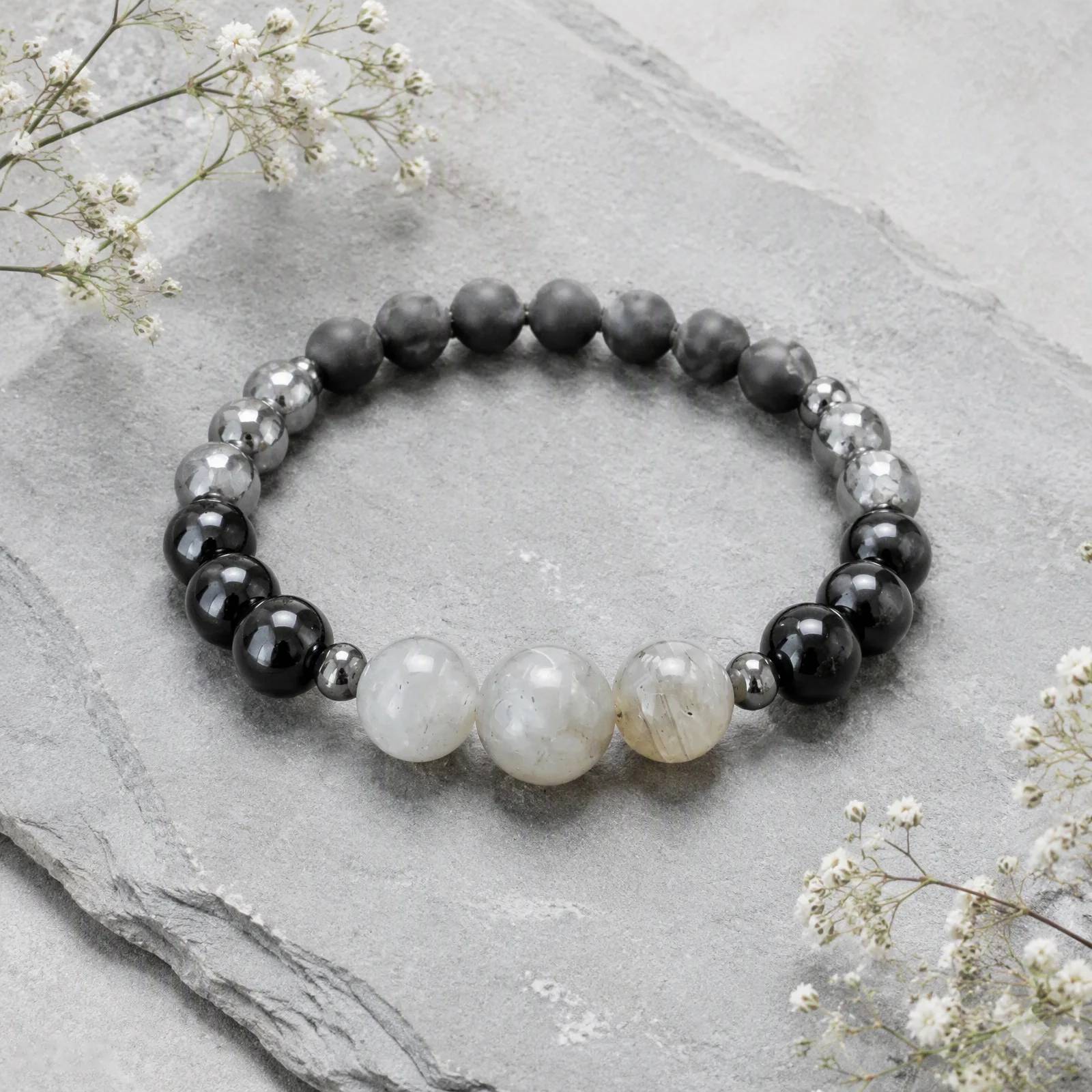 Grey Flash Moonstone & Moonstone & Black Tourmaline Beaded Bracelet — EMF Protection Handmade — Grey Flash Moonstone, Moonstone, Black Tourmaline bracelets