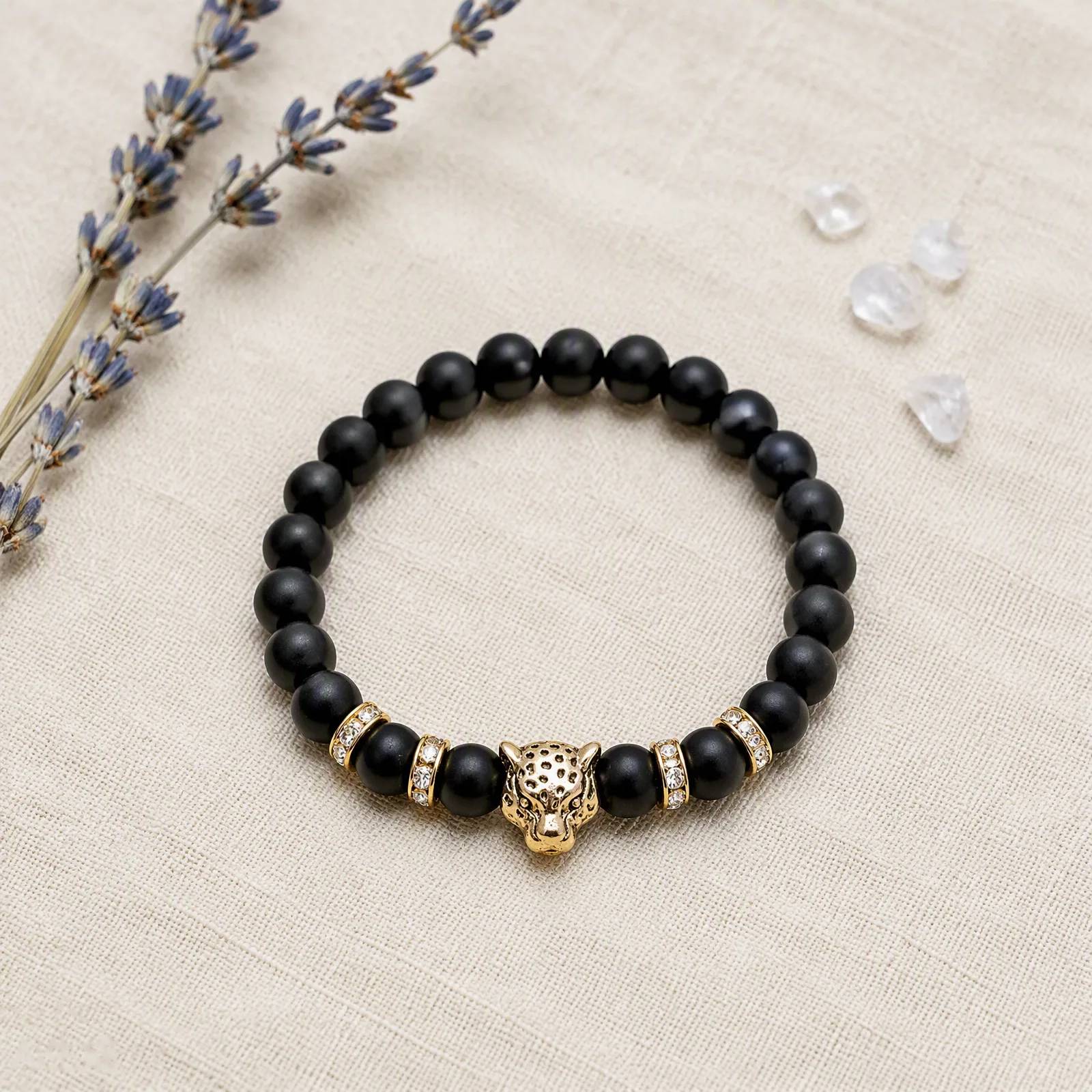 Lava Stone & Leopard Head & Lion Head Beaded Bracelet — Stretch — Lava Stone, Leopard Head, Lion Head bracelets