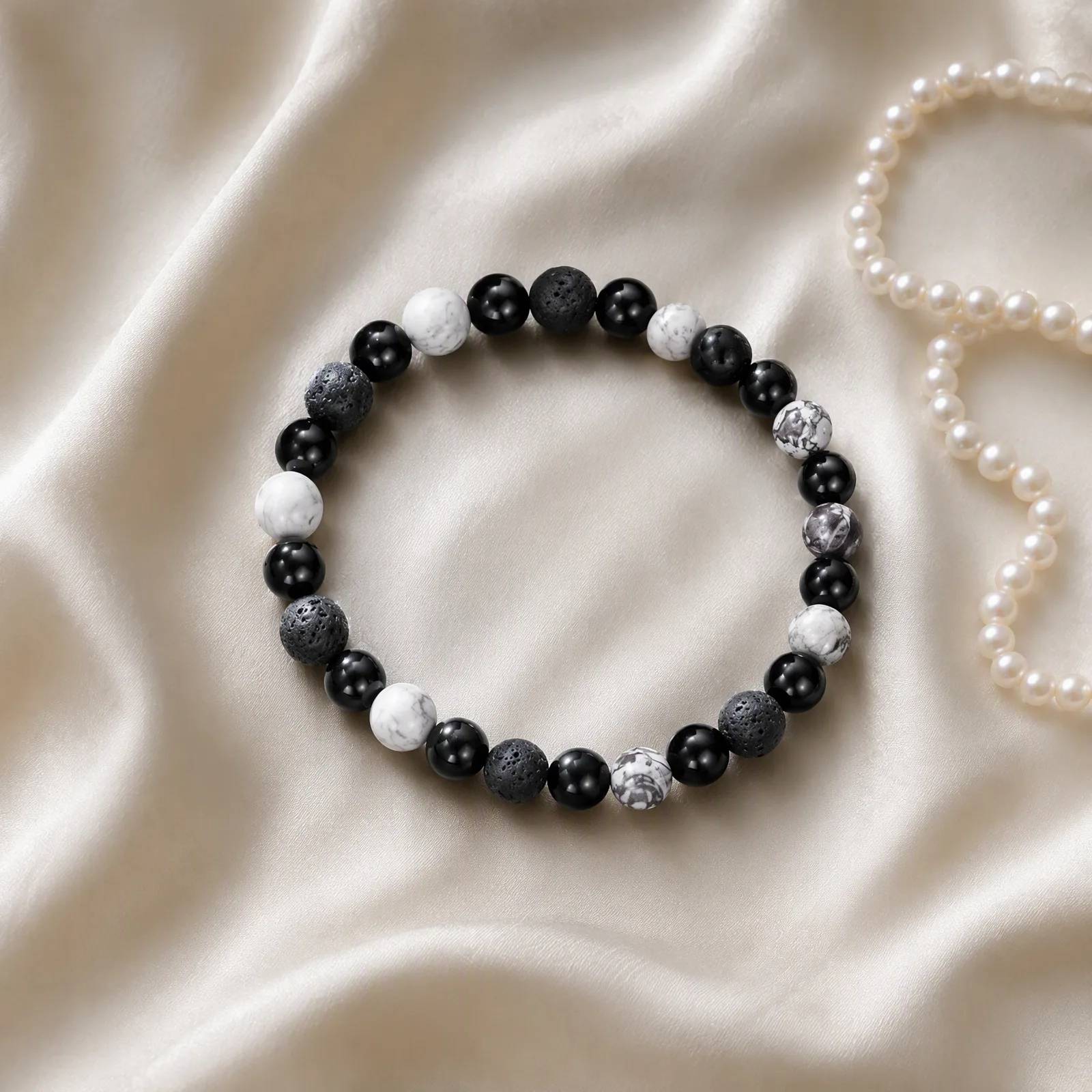 Lava Stone & Black Agate & Map Stone Beaded Bracelet — Handmade — Lava Stone, Black Agate, Map Stone bracelets
