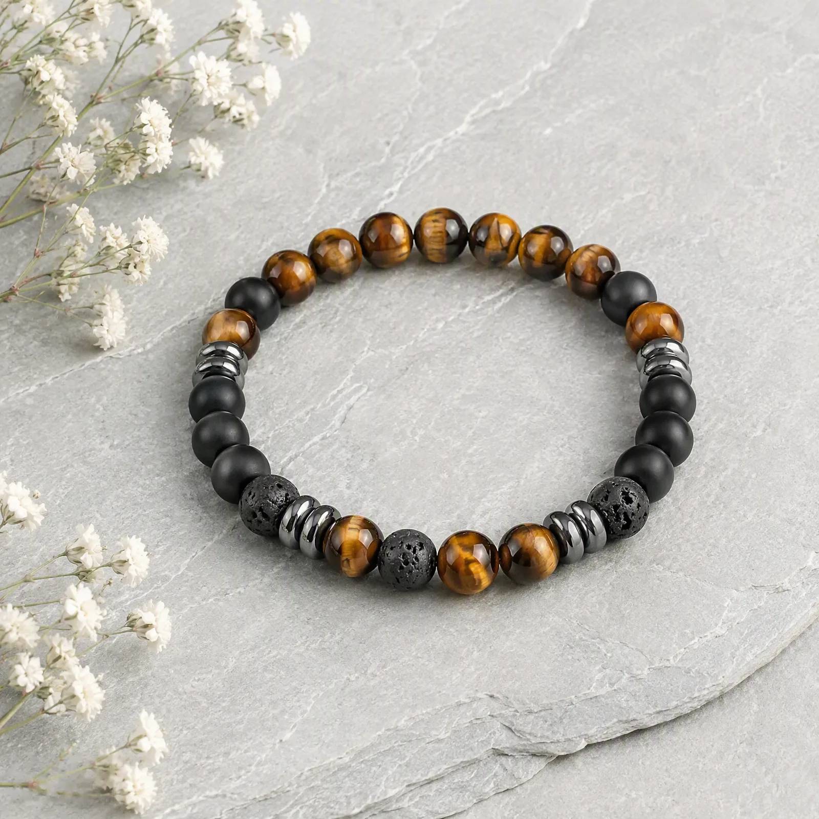 Black Agate & White Turquoise & Agate Beaded Bracelet — Set — Black Agate, White Turquoise, Agate bracelets