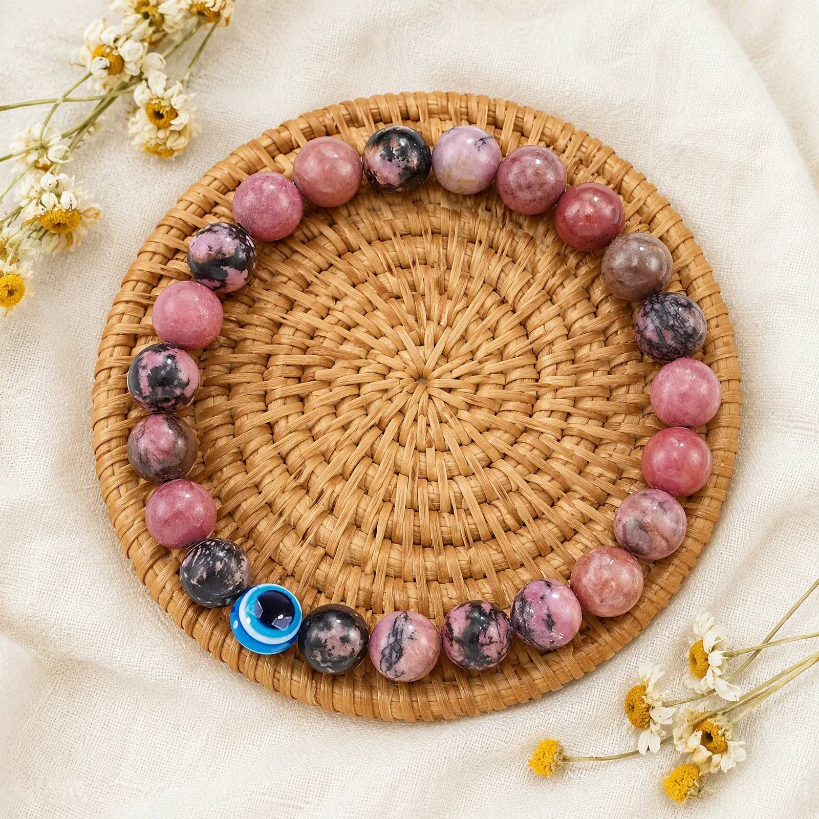 African Turquoise & Evil Eye & Pink Zebra Stone Beaded Bracelet — African Turquoise, Evil Eye, Pink Zebra Stone bracelets