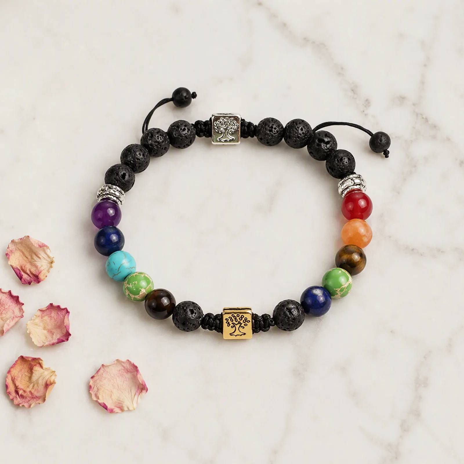 Tiger Eye & Lava Stone Beaded Bracelet — Tree of Life Braided — Tiger Eye, Lava Stone bracelets