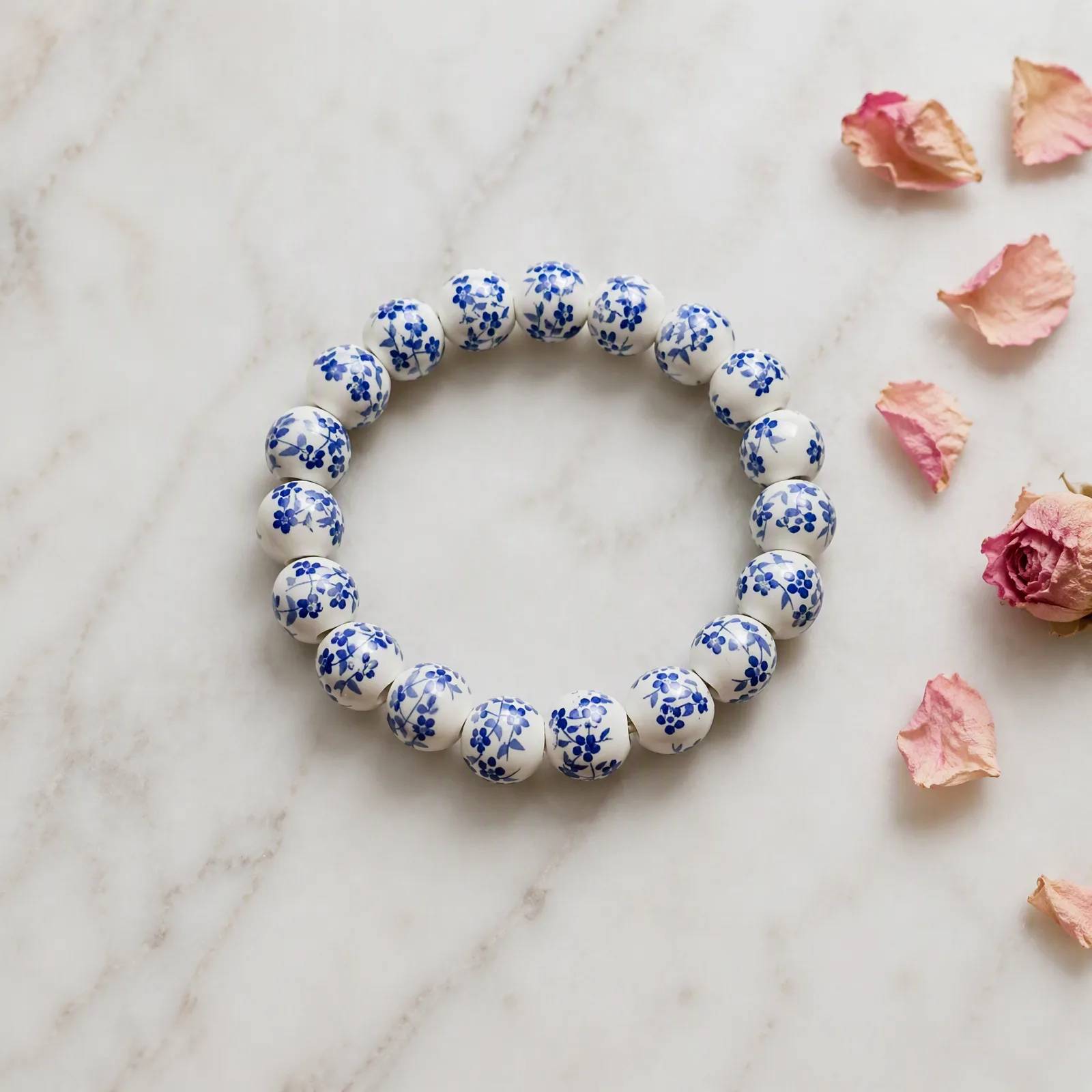 Natural Stone Beaded Bracelet — Boho Vintage Porcelain Ceramic —  bracelets