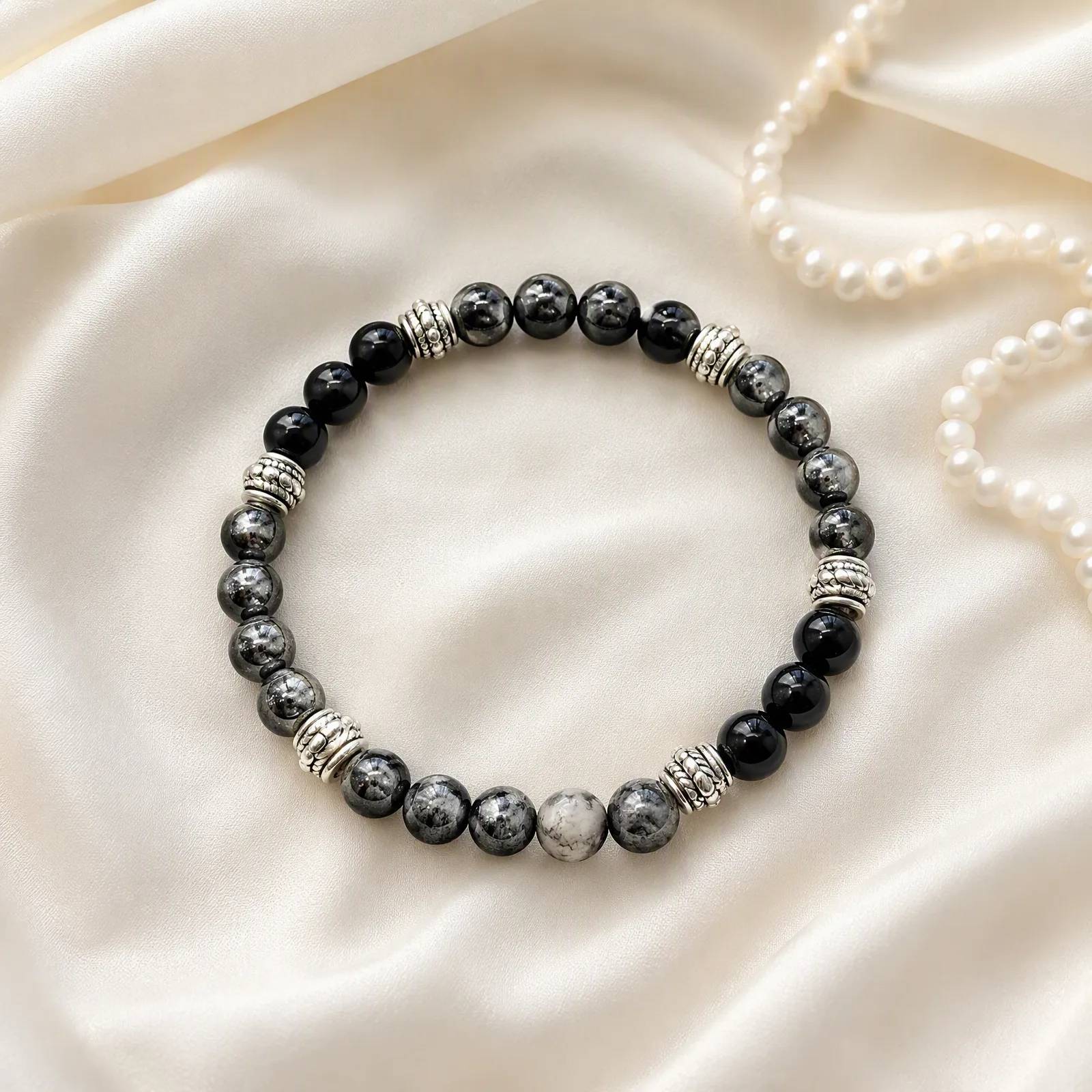 Obsidian & Snowflake Obsidian & Hematite Beaded Bracelet — Obsidian, Snowflake Obsidian, Hematite bracelets