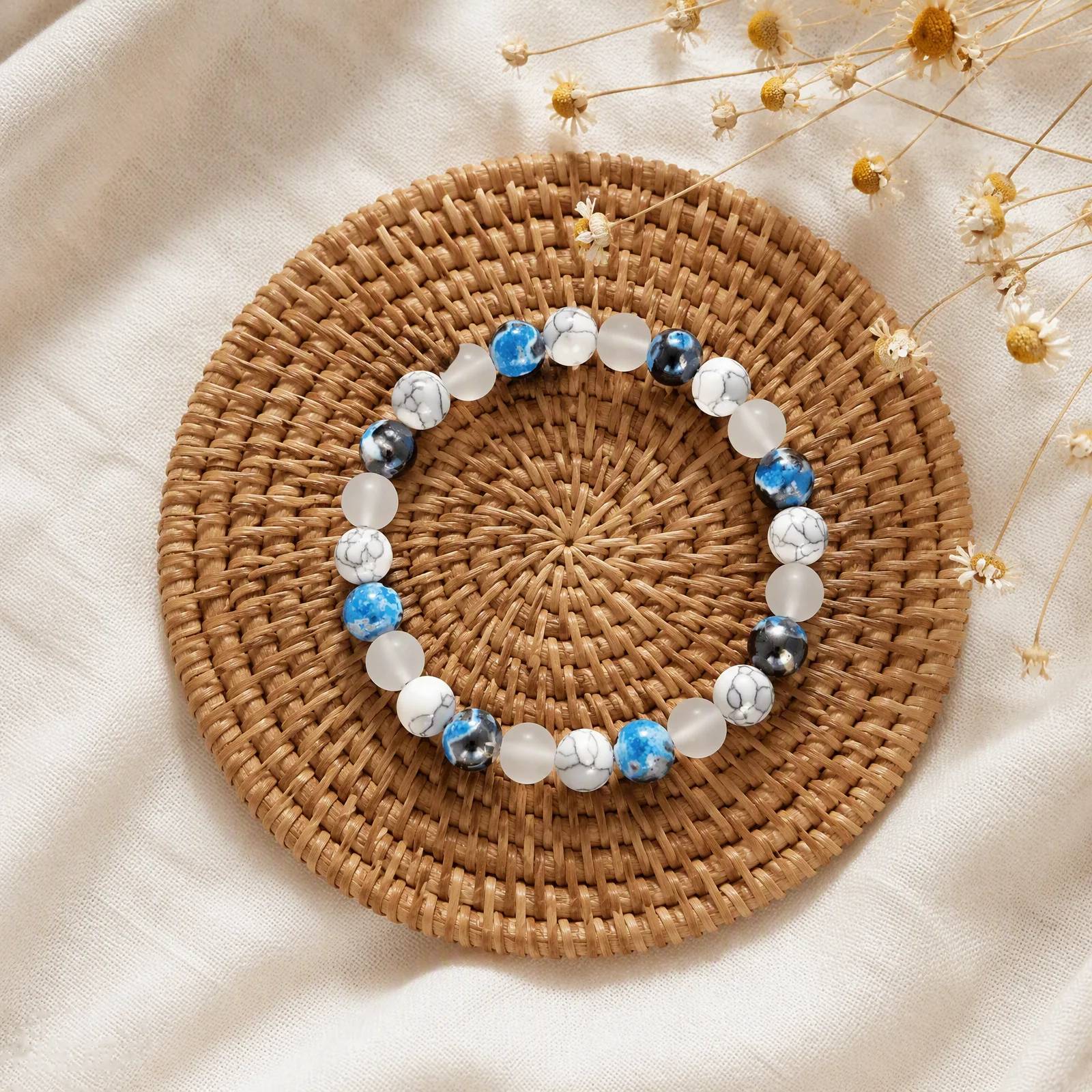 White Turquoise & White Marble & Blue Spot Agate Beaded Bracelet — Boho — White Turquoise, White Marble, Blue Spot Agate bracelets