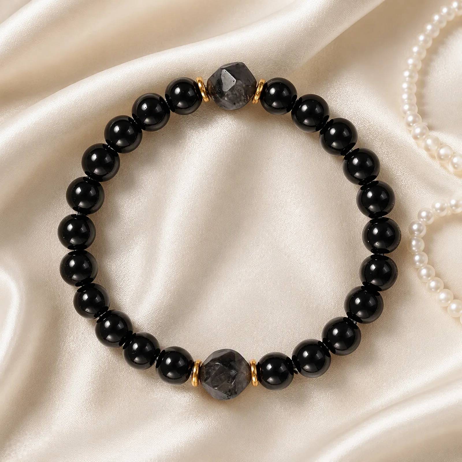 Obsidian Beaded Bracelet — Unisex Stretch — Obsidian bracelets
