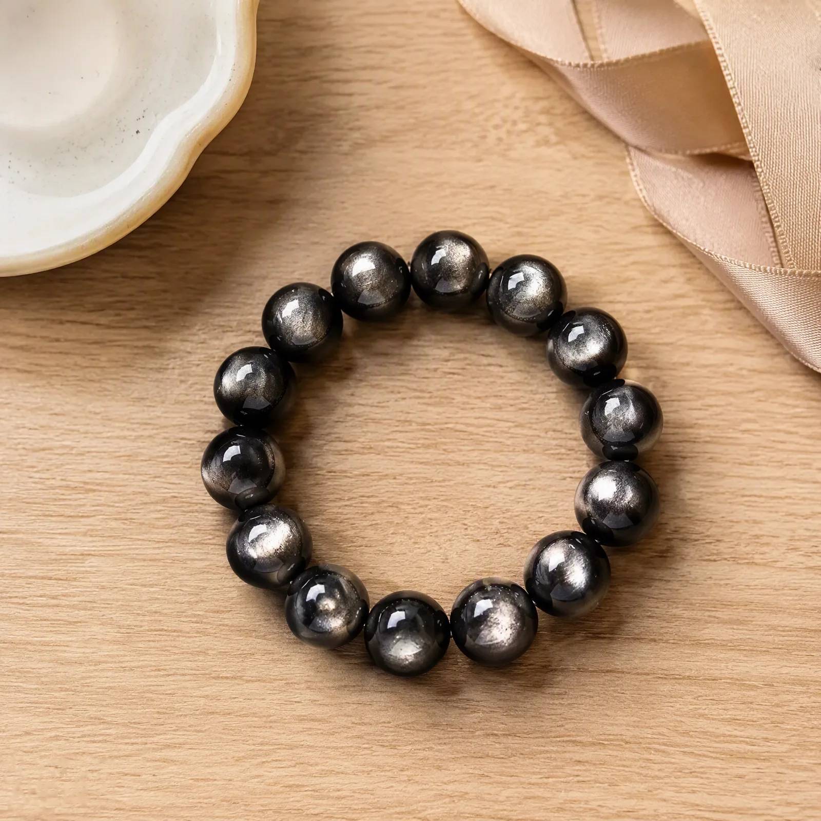 Silver Sheen Obsidian & Cat's Eye Beaded Bracelet — Unisex Couples' — Silver Sheen Obsidian, Cat's Eye bracelets