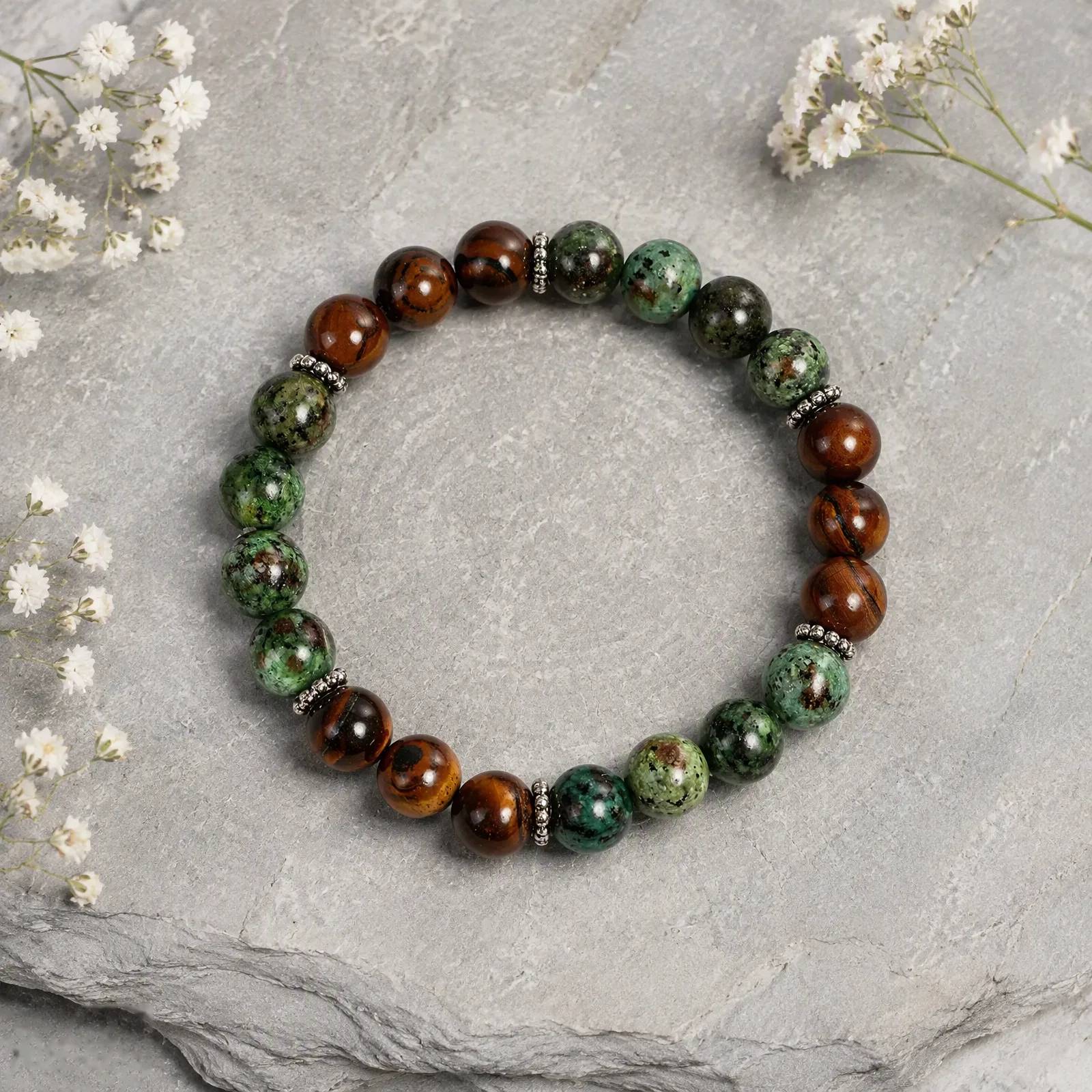 Tiger Eye & Turquoise Beaded Bracelet — Stretch — Tiger Eye, Turquoise bracelets
