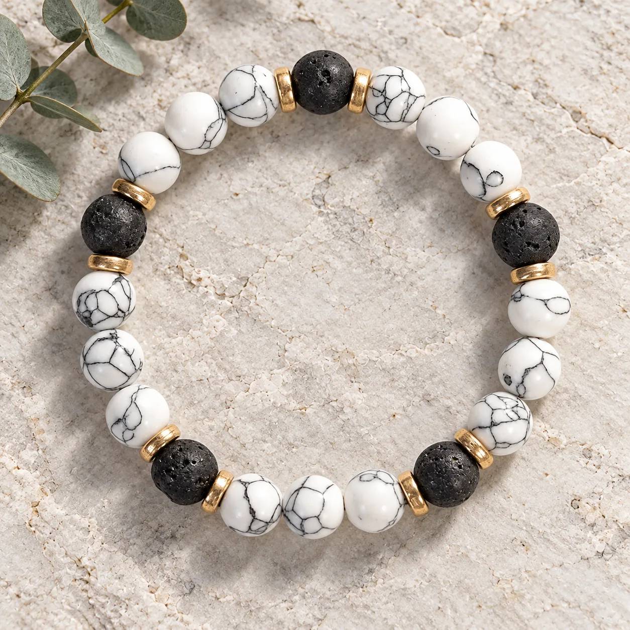 White Turquoise & Lava Stone Beaded Bracelet — Unisex Handmade — White Turquoise, Lava Stone bracelets