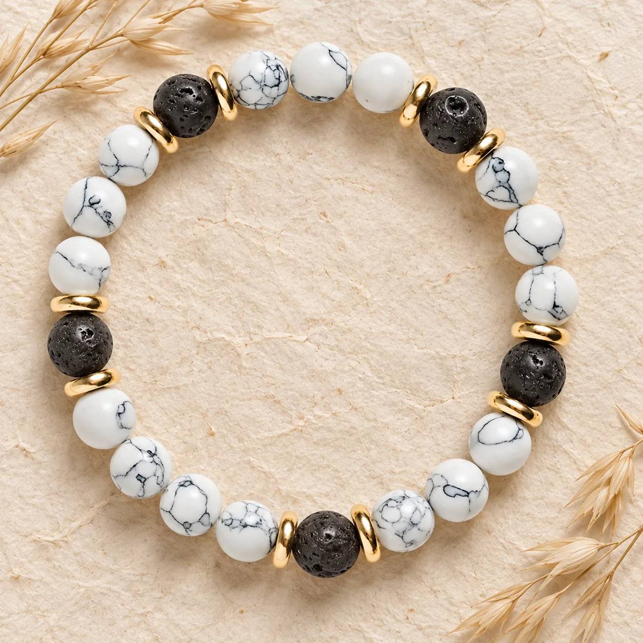 White Turquoise & Lava Stone Beaded Bracelet — Unisex — White Turquoise, Lava Stone bracelets