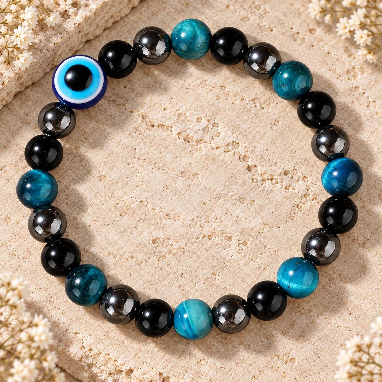 Evil Eye & Tiger Eye & Blue Tiger Eye Beaded Bracelet — Vintage — Evil Eye, Tiger Eye, Blue Tiger Eye bracelets