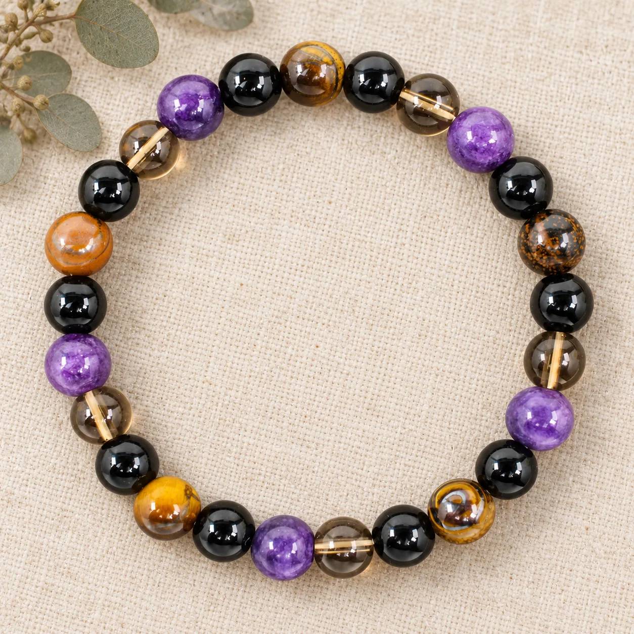 Tiger Eye & Amethyst Beaded Bracelet — Vintage — Tiger Eye, Amethyst bracelets