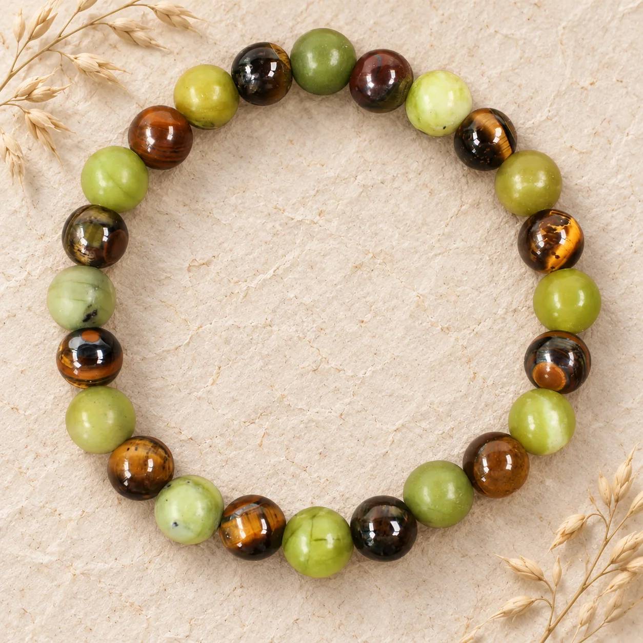 Tiger Eye & Green Jade Beaded Bracelet — Two-Tone — Tiger Eye, Green Jade bracelets