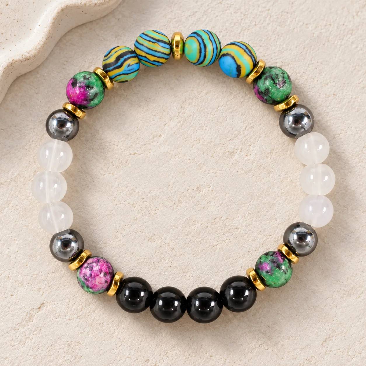 Malachite & Ruby Zoisite Beaded Bracelet — Two-Tone — Malachite, Ruby Zoisite bracelets