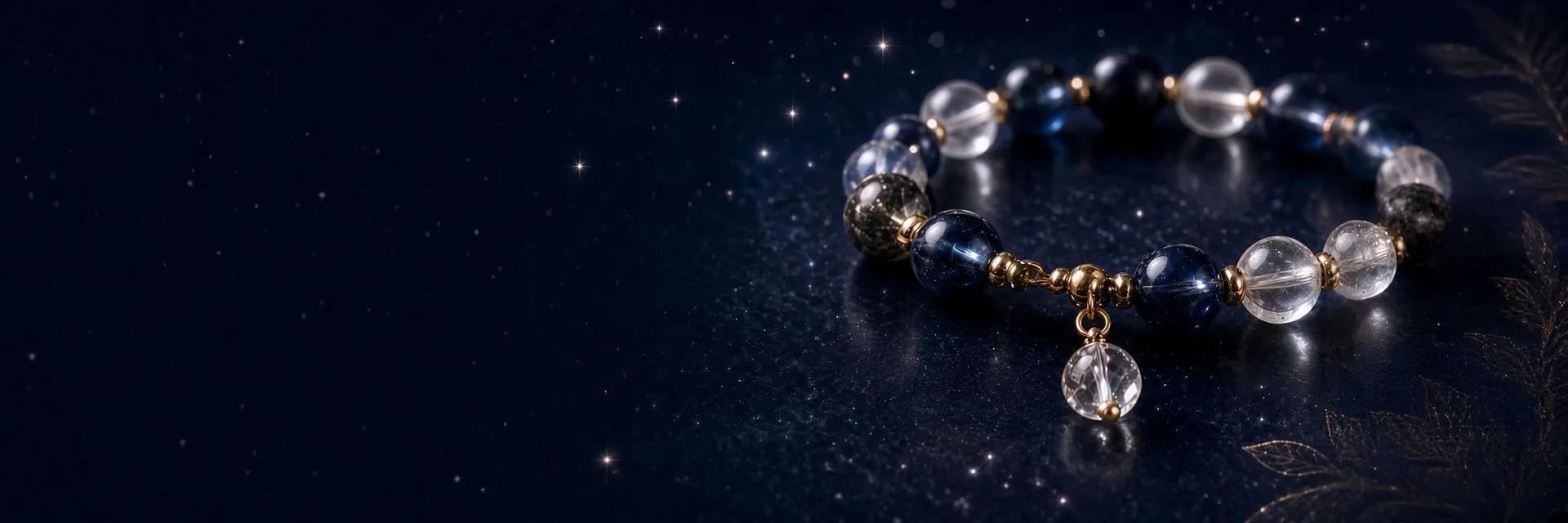 Blue and clear gemstone bracelet with gold accents against a starry midnight background