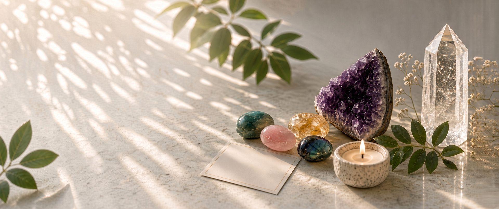 Layered crystal bracelets and raw crystals arranged on champagne silk with warm light