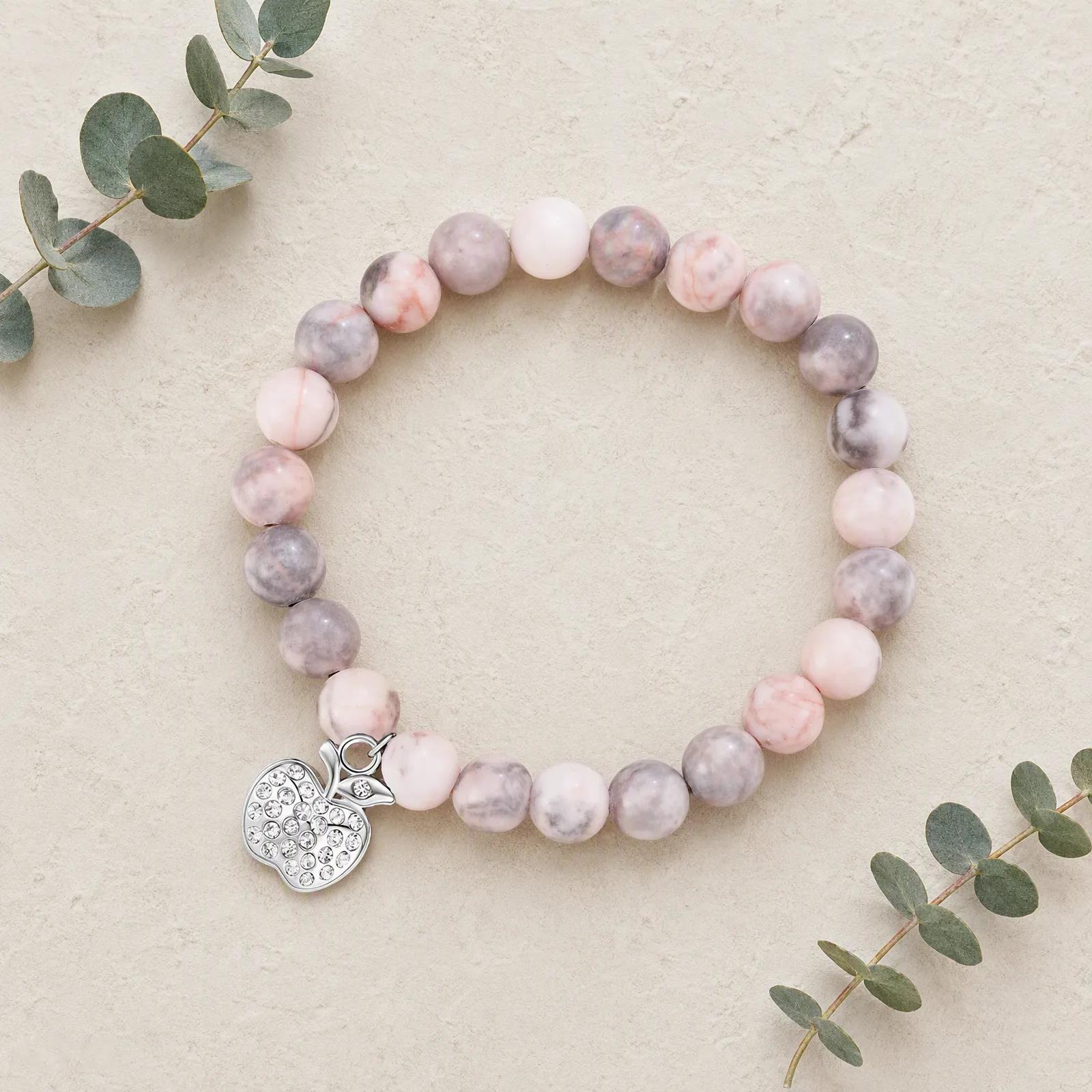Lapis Lazuli & Purple Agate & Pink Zebra Stone Beaded Bracelet — Apple Charm Heart Charm view 1