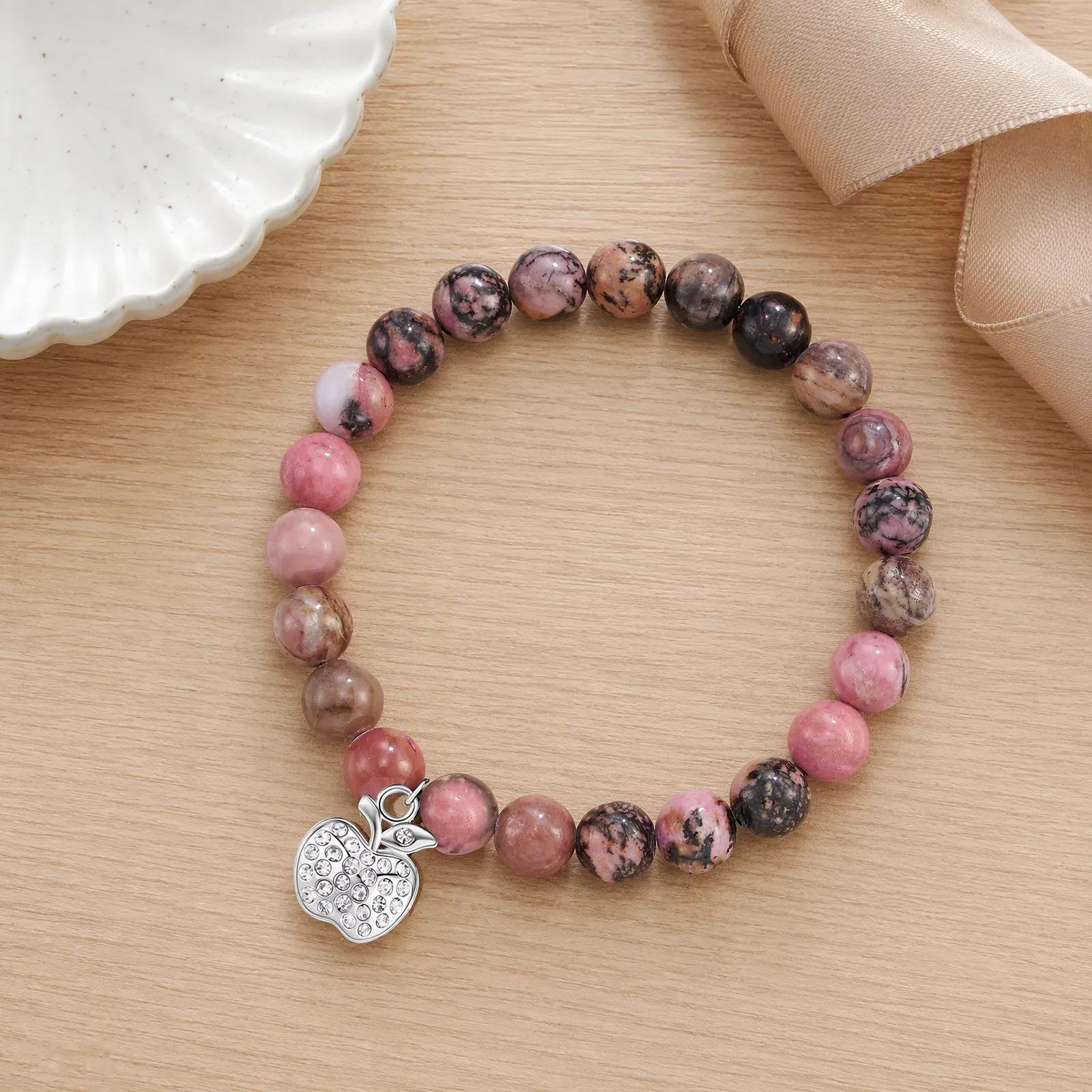 Lapis Lazuli & Purple Agate & Pink Zebra Stone Beaded Bracelet — Apple Charm Heart Charm view 2