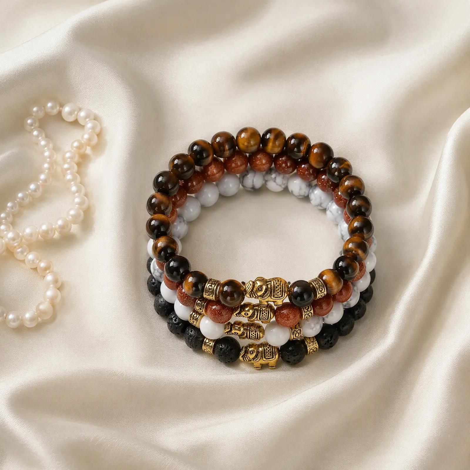 Tiger Eye & Lava Stone & White Turquoise Beaded Bracelet — genuine Tiger Eye, Lava Stone, White Turquoise crystals, Imported origin