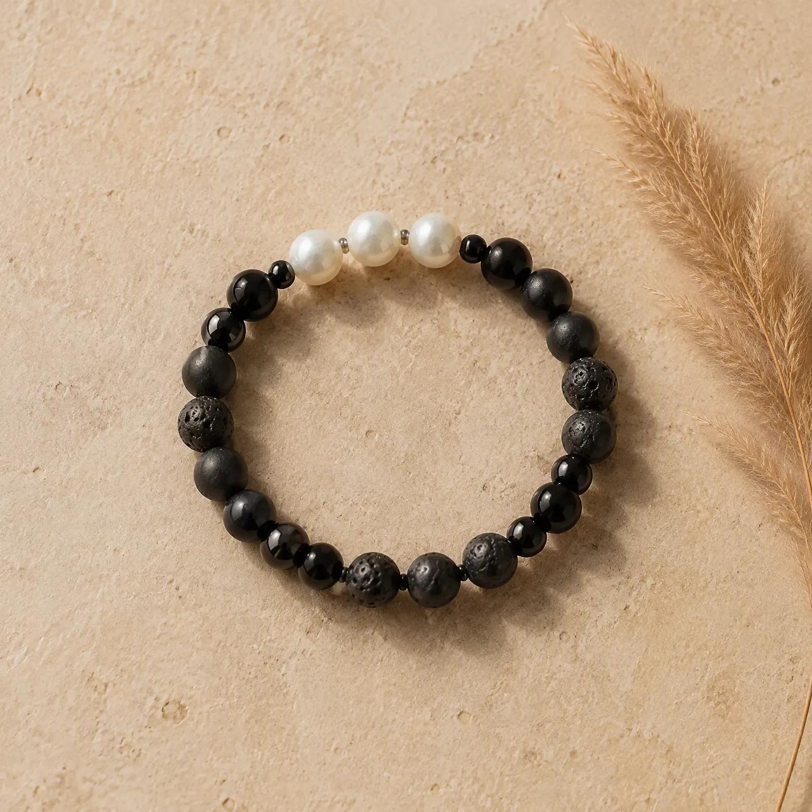 Grey Flash Moonstone & Moonstone & Black Tourmaline Beaded Bracelet — EMF Protection Handmade view 2