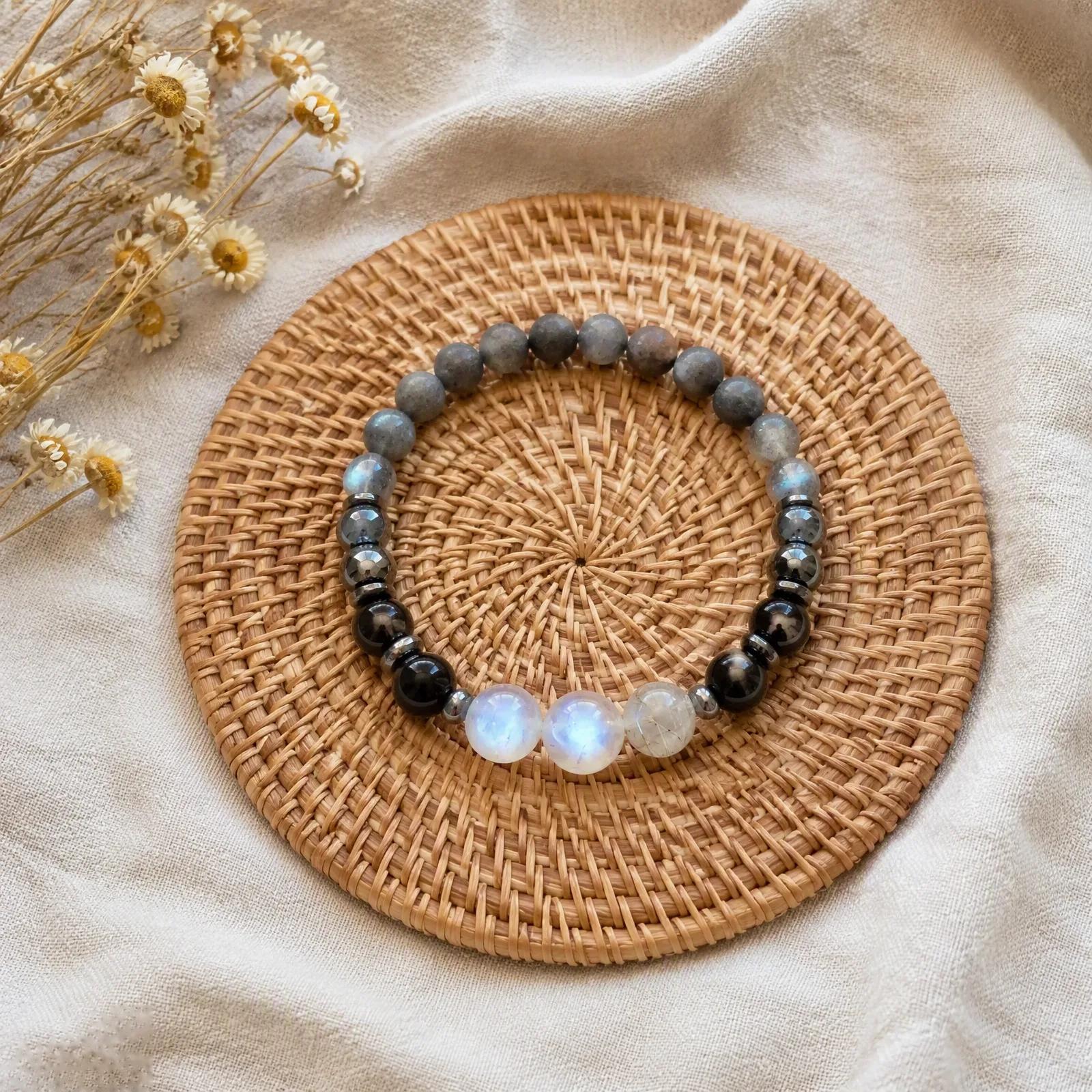 Grey Flash Moonstone & Moonstone & Black Tourmaline Beaded Bracelet — EMF Protection Handmade view 3