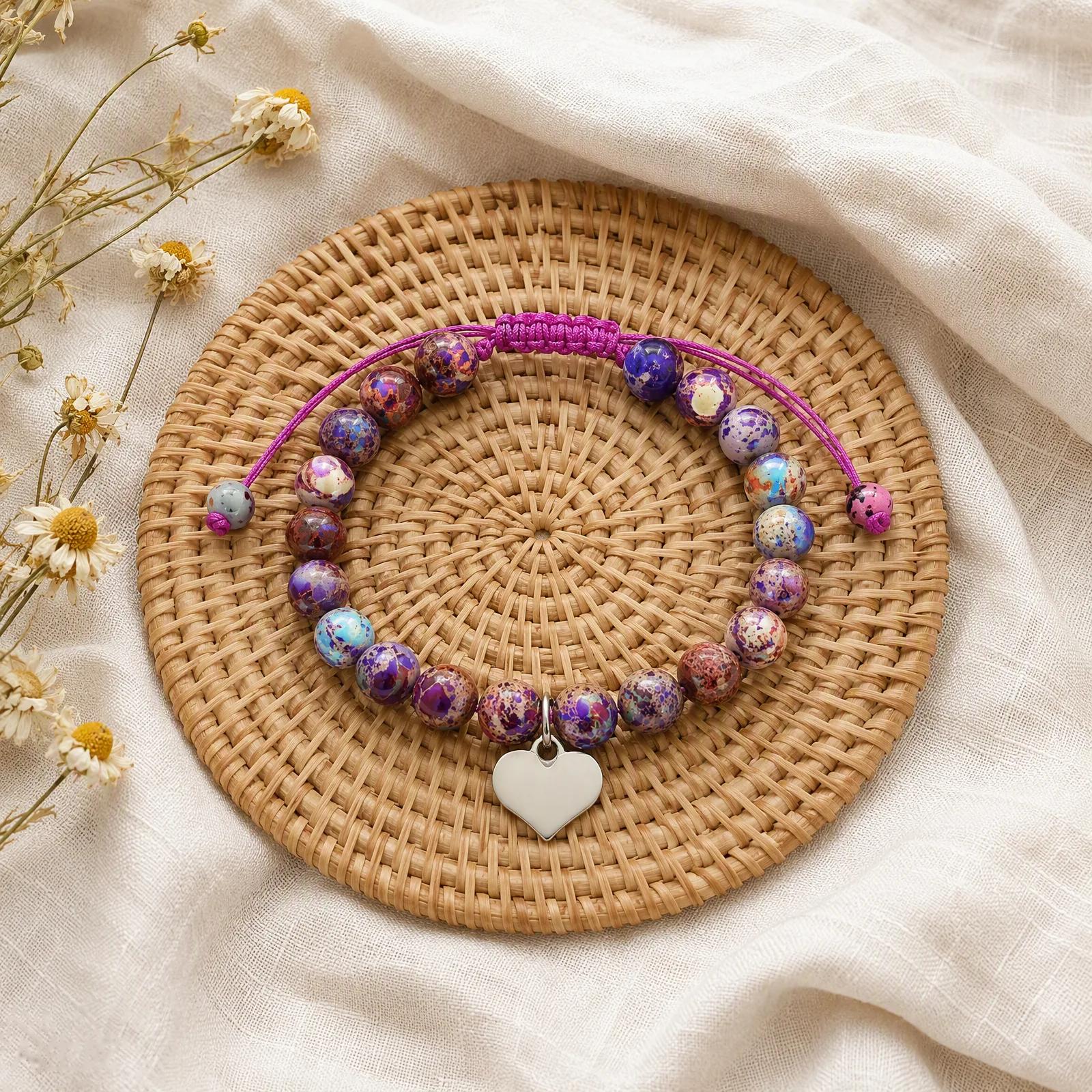 Emperor Stone & Green Aventurine & Pink Zebra Stone Beaded Bracelet — Braided Heart Charm view 2