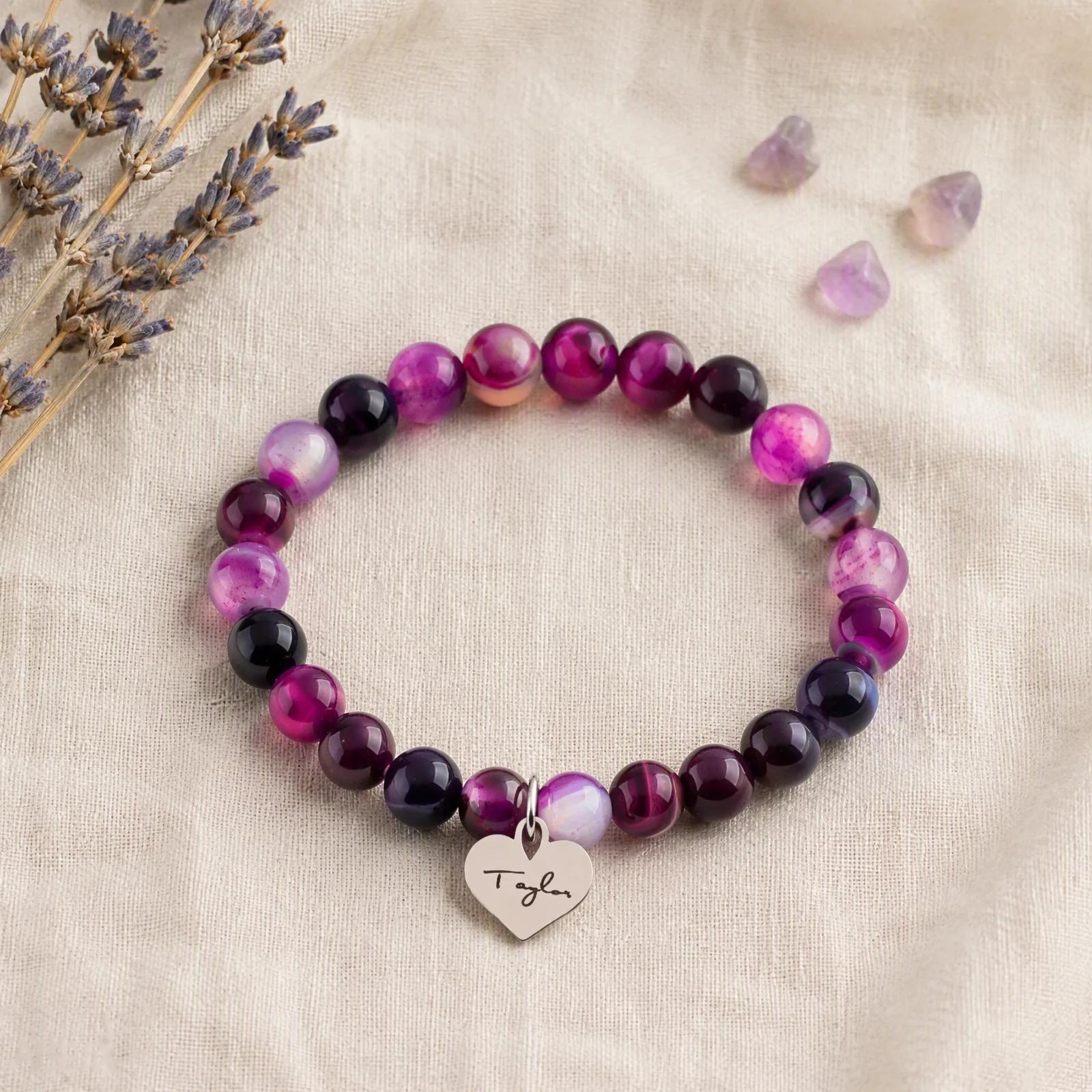 Emperor Stone & Green Aventurine & Pink Zebra Stone Beaded Bracelet — Braided Heart Charm view 3