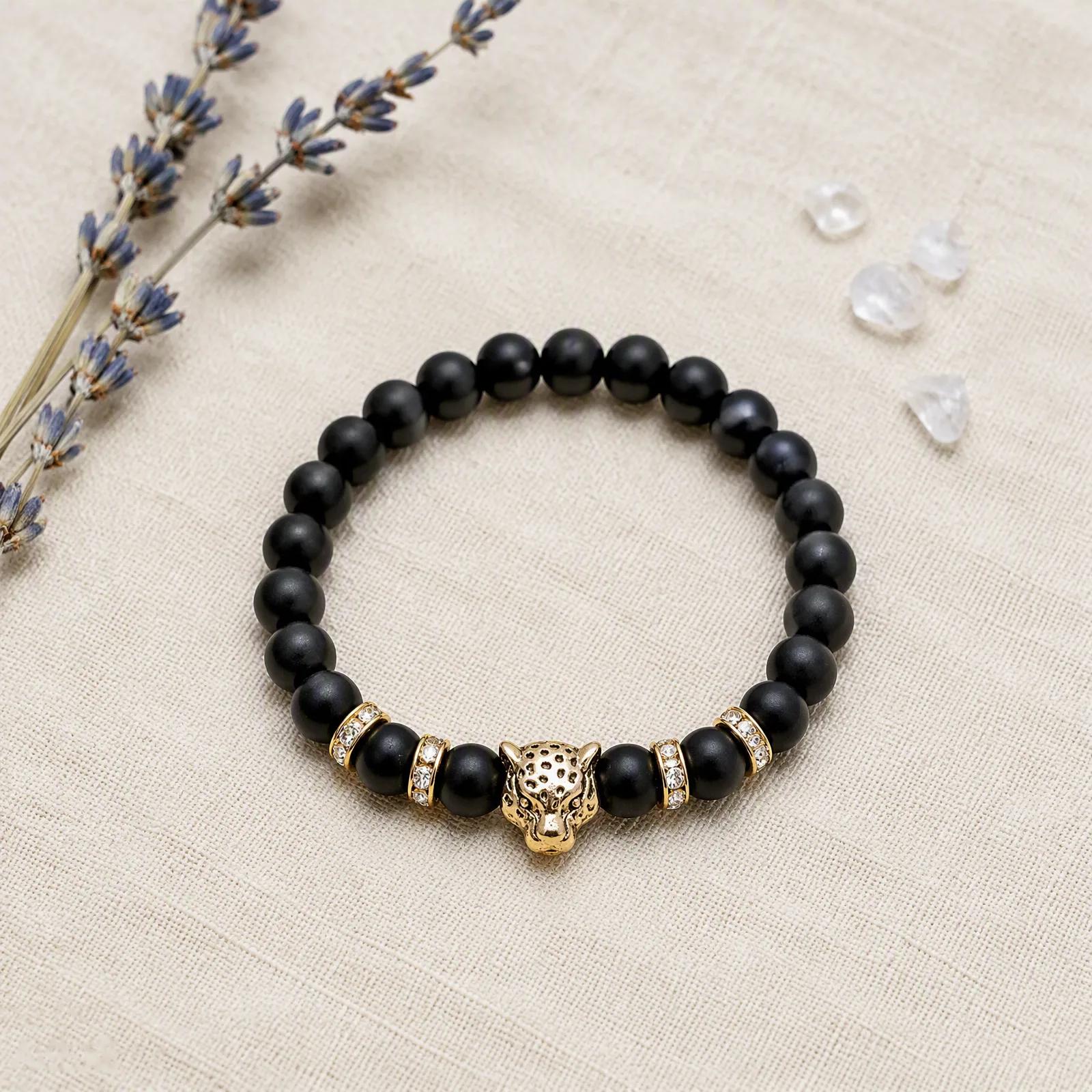 Lava Stone & Leopard Head & Lion Head Beaded Bracelet — Stretch — genuine Lava Stone, Leopard Head, Lion Head crystals, Imported origin