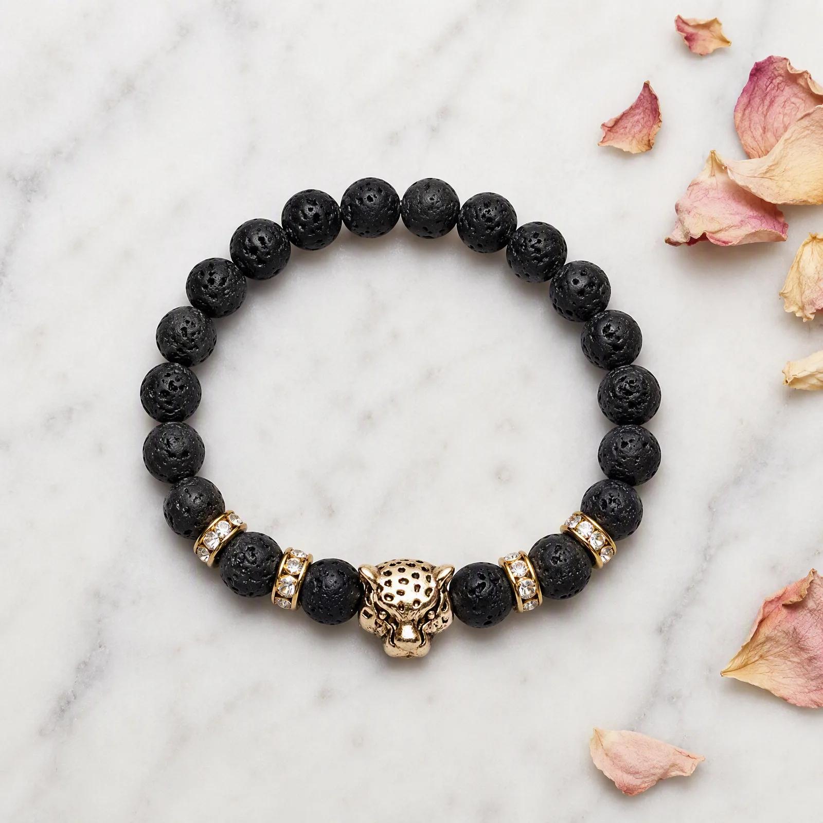 Lava Stone & Leopard Head & Lion Head Beaded Bracelet — Stretch view 2