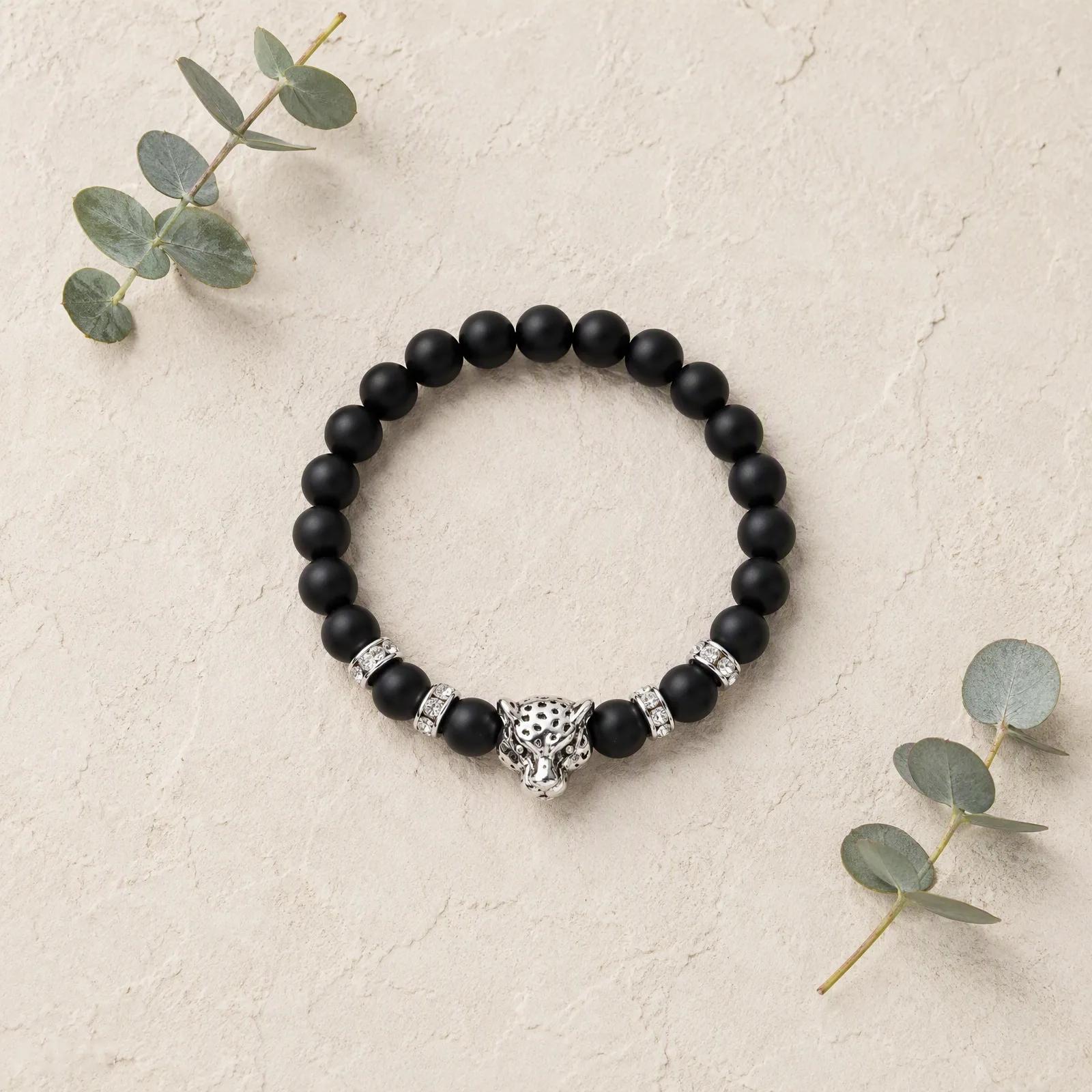 Lava Stone & Leopard Head & Lion Head Beaded Bracelet — Stretch view 3