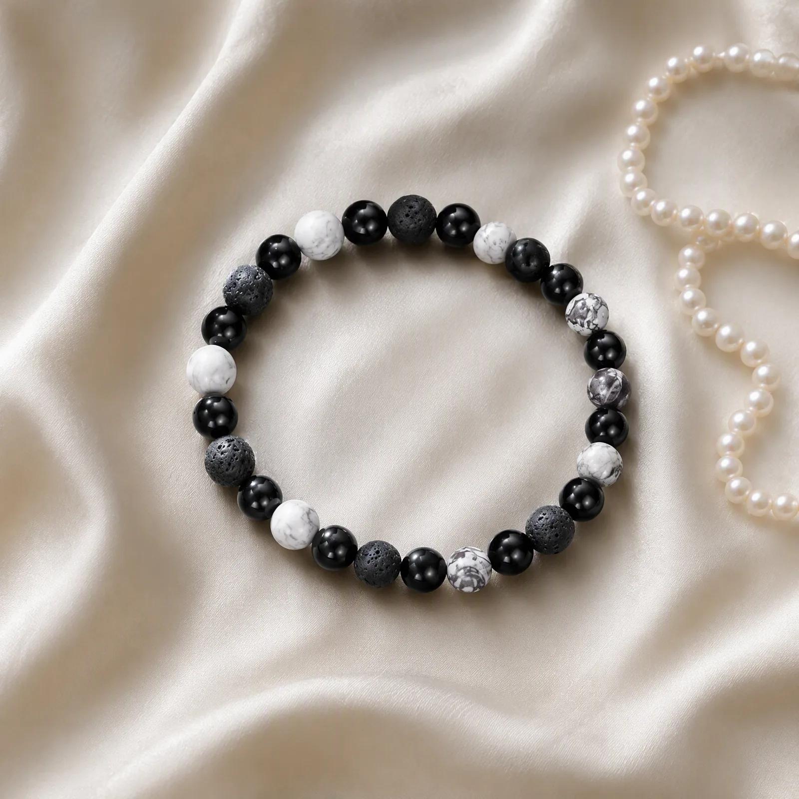 Lava Stone & Black Agate & Map Stone Beaded Bracelet — Handmade — genuine Lava Stone, Black Agate, Map Stone crystals, Imported origin