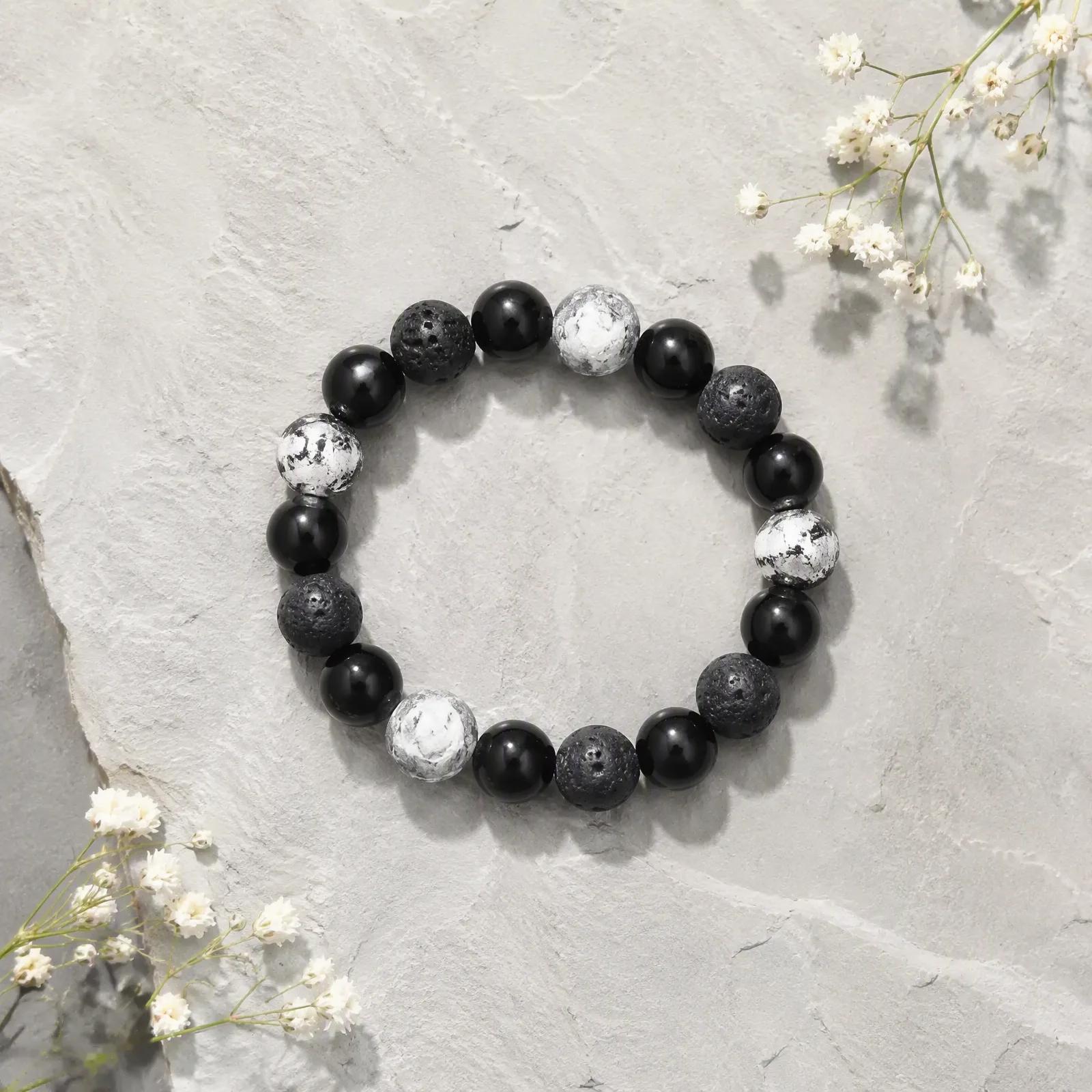 Lava Stone & Black Agate & Map Stone Beaded Bracelet — Handmade view 2
