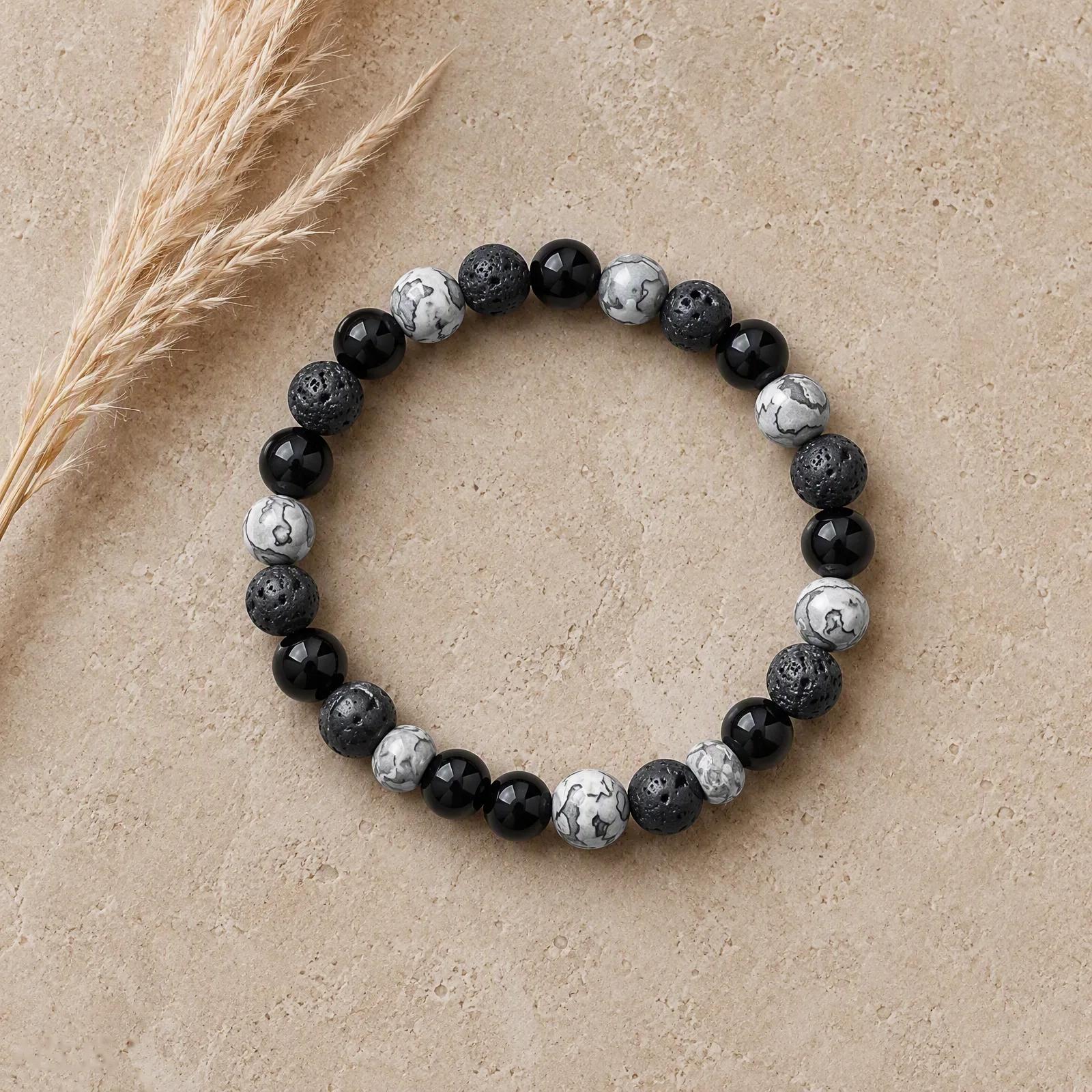 Lava Stone & Black Agate & Map Stone Beaded Bracelet — Handmade view 3