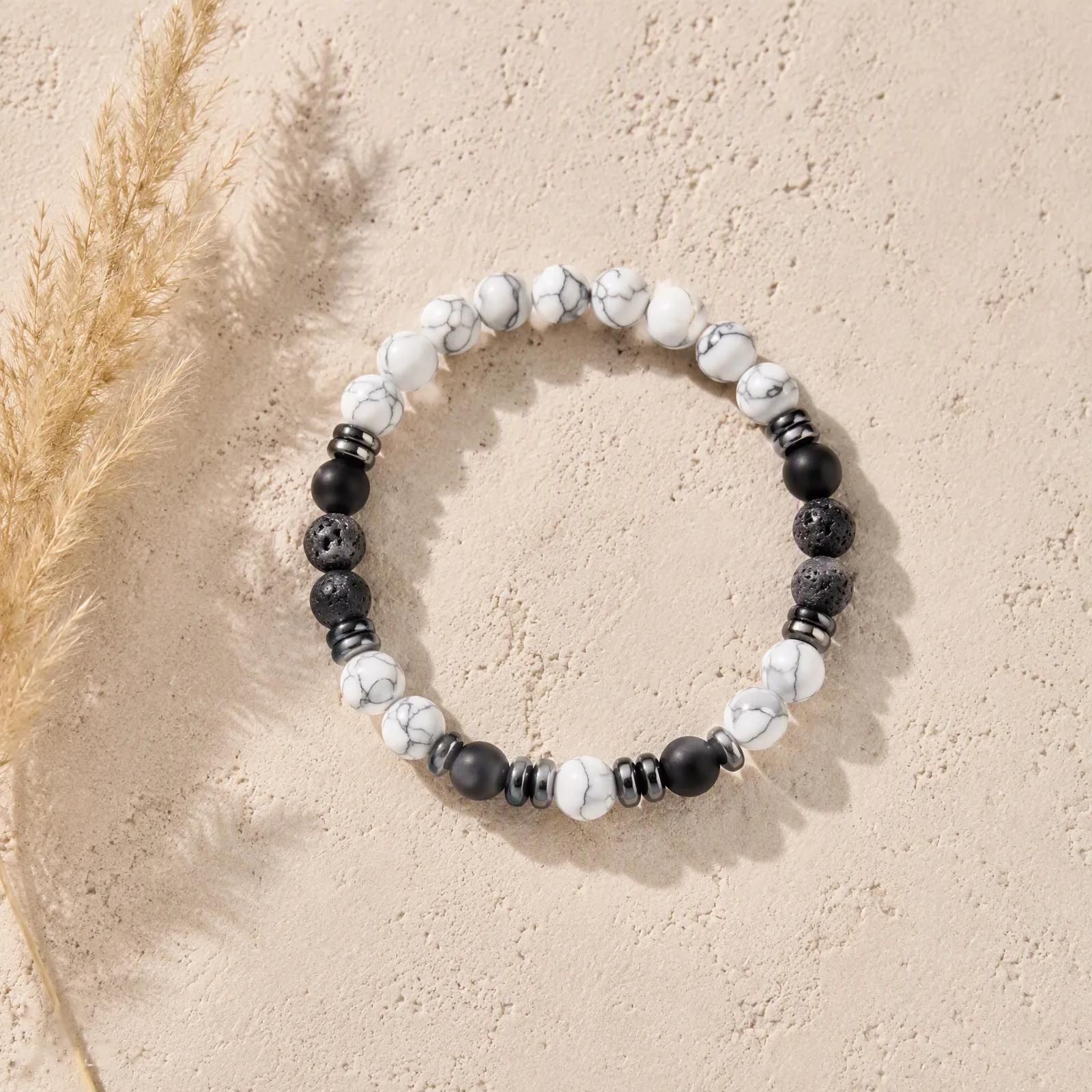 Black Agate & White Turquoise & Agate Beaded Bracelet — Set view 2