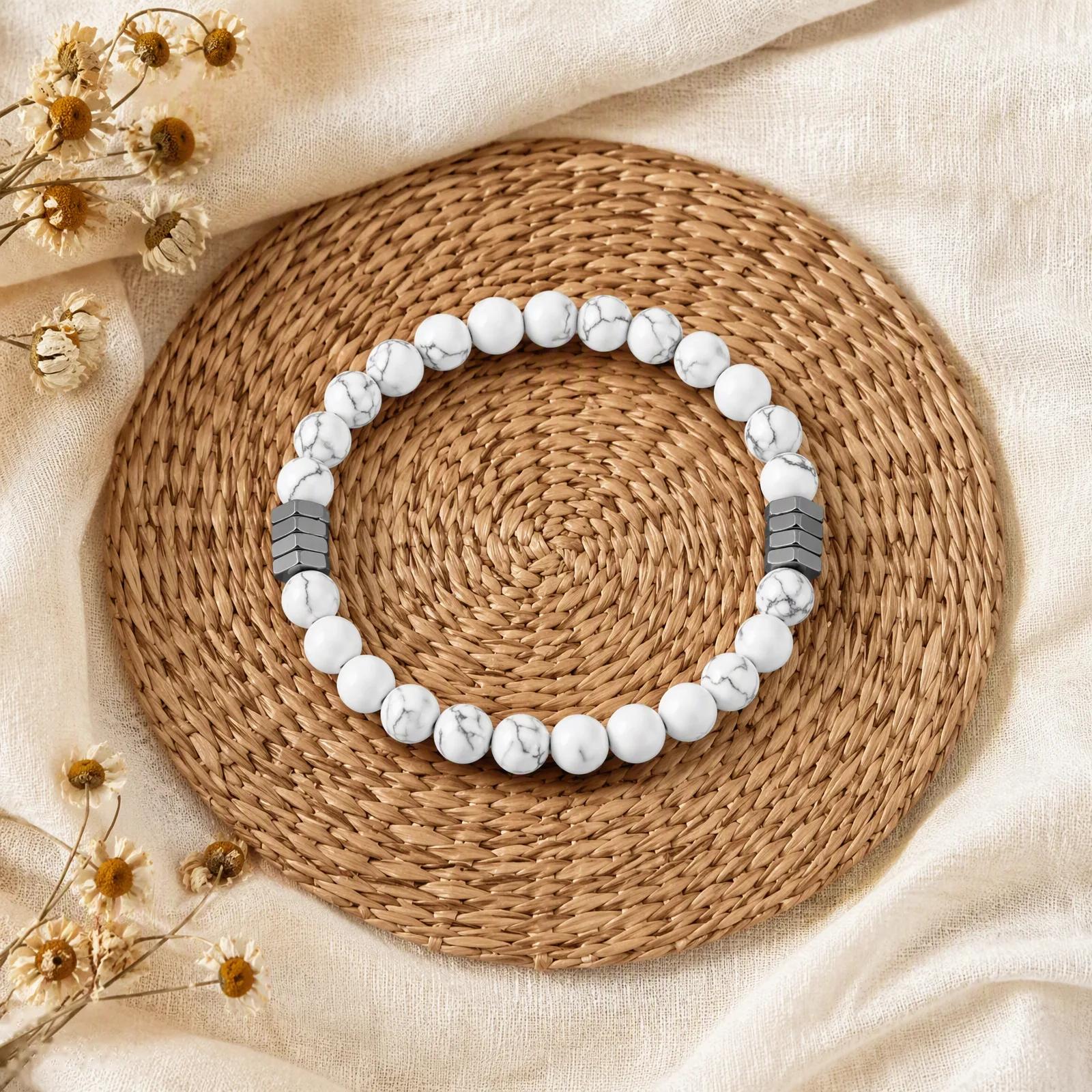 Black Agate & White Turquoise & Agate Beaded Bracelet — Set view 3