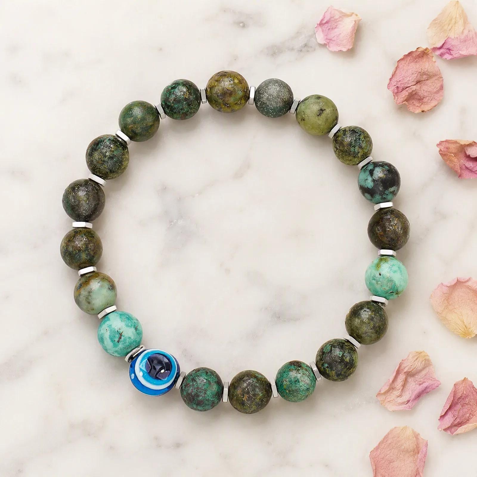 African Turquoise & Evil Eye & Pink Zebra Stone Beaded Bracelet view 3