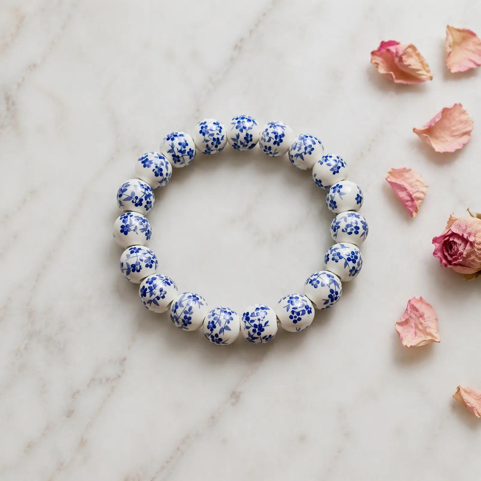 Natural Stone Beaded Bracelet — Boho Vintage Porcelain Ceramic — genuine  crystal, Imported origin
