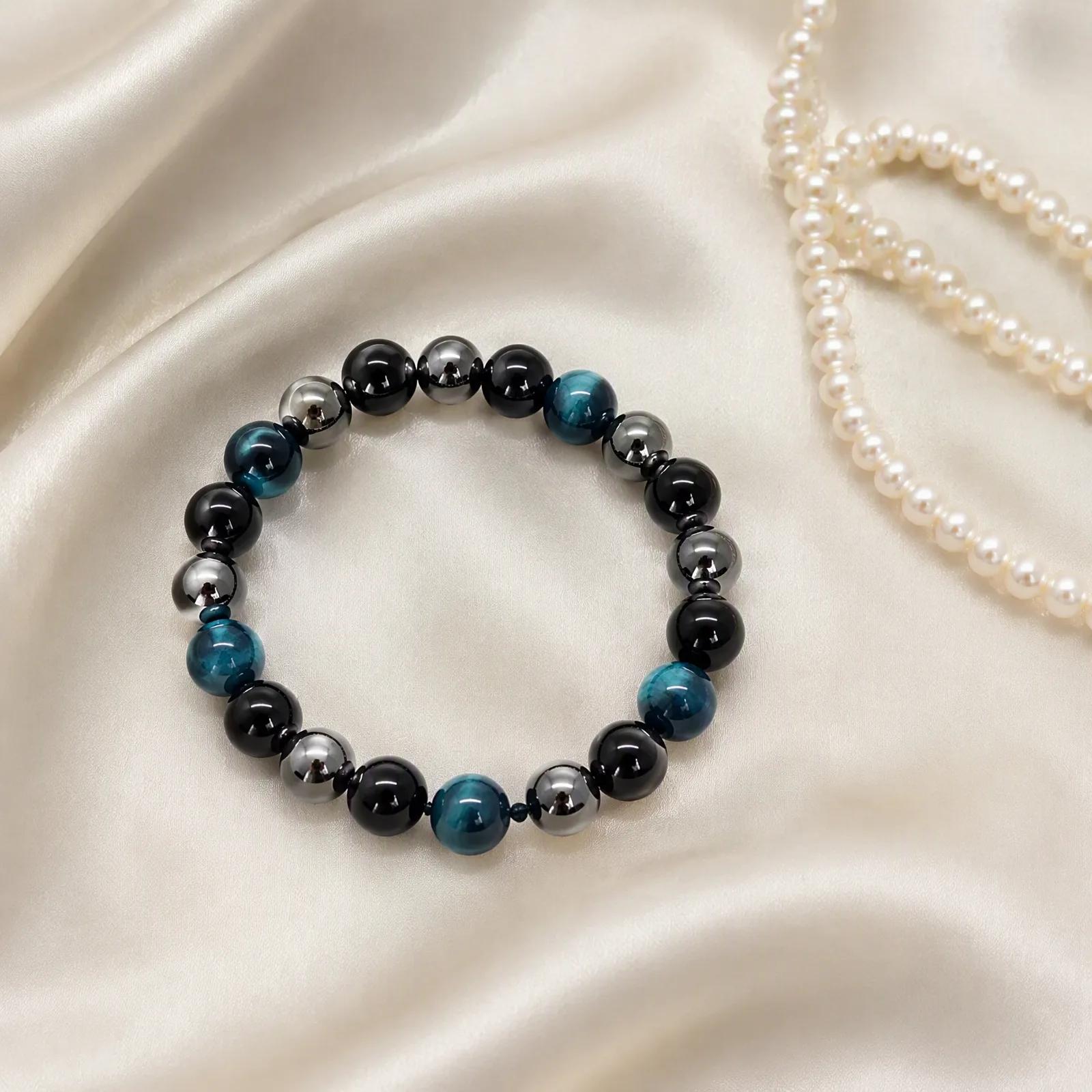 Tiger Eye & Obsidian & Hematite Beaded Bracelet — Triple Protection Protection view 3