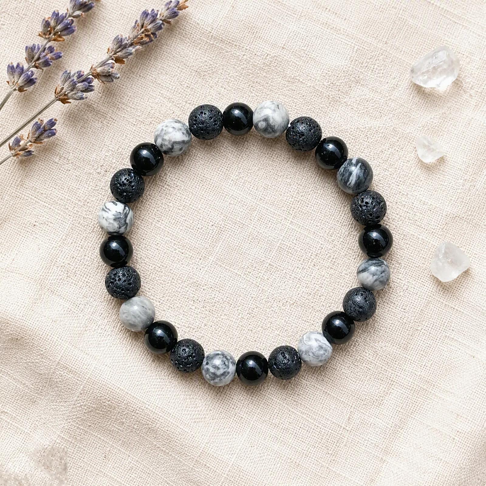 Lava Stone & Map Stone & Hematite Beaded Bracelet view 3