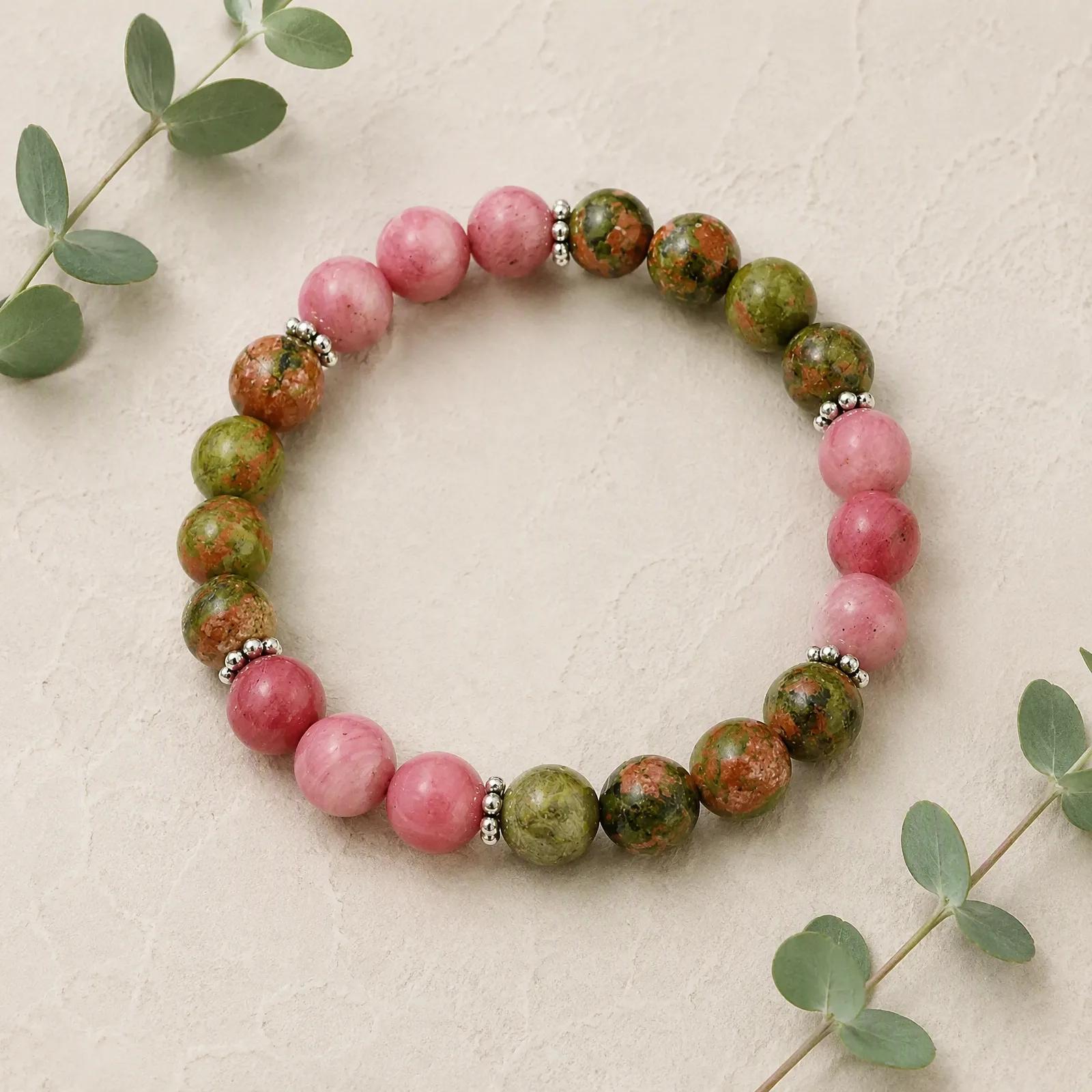 Ruby Zoisite & Red Wood Grain Stone Beaded Bracelet — Boho — genuine Ruby Zoisite, Red Wood Grain Stone crystals, Imported origin