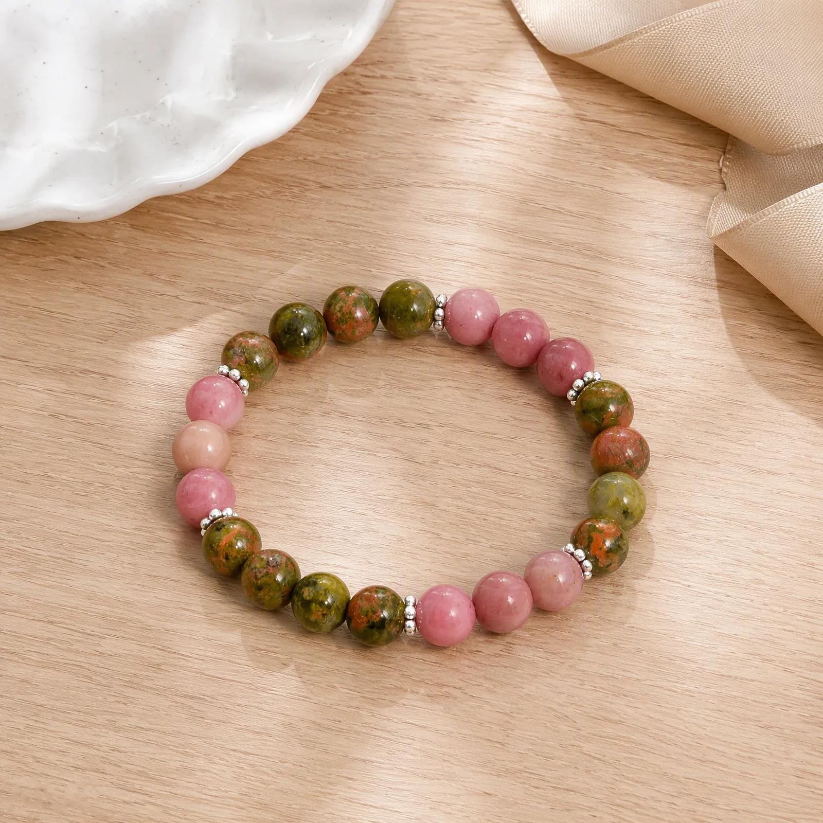 Ruby Zoisite & Red Wood Grain Stone Beaded Bracelet — Boho view 2