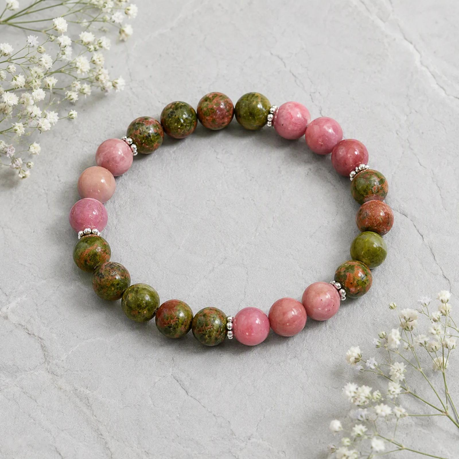 Ruby Zoisite & Red Wood Grain Stone Beaded Bracelet — Boho view 4