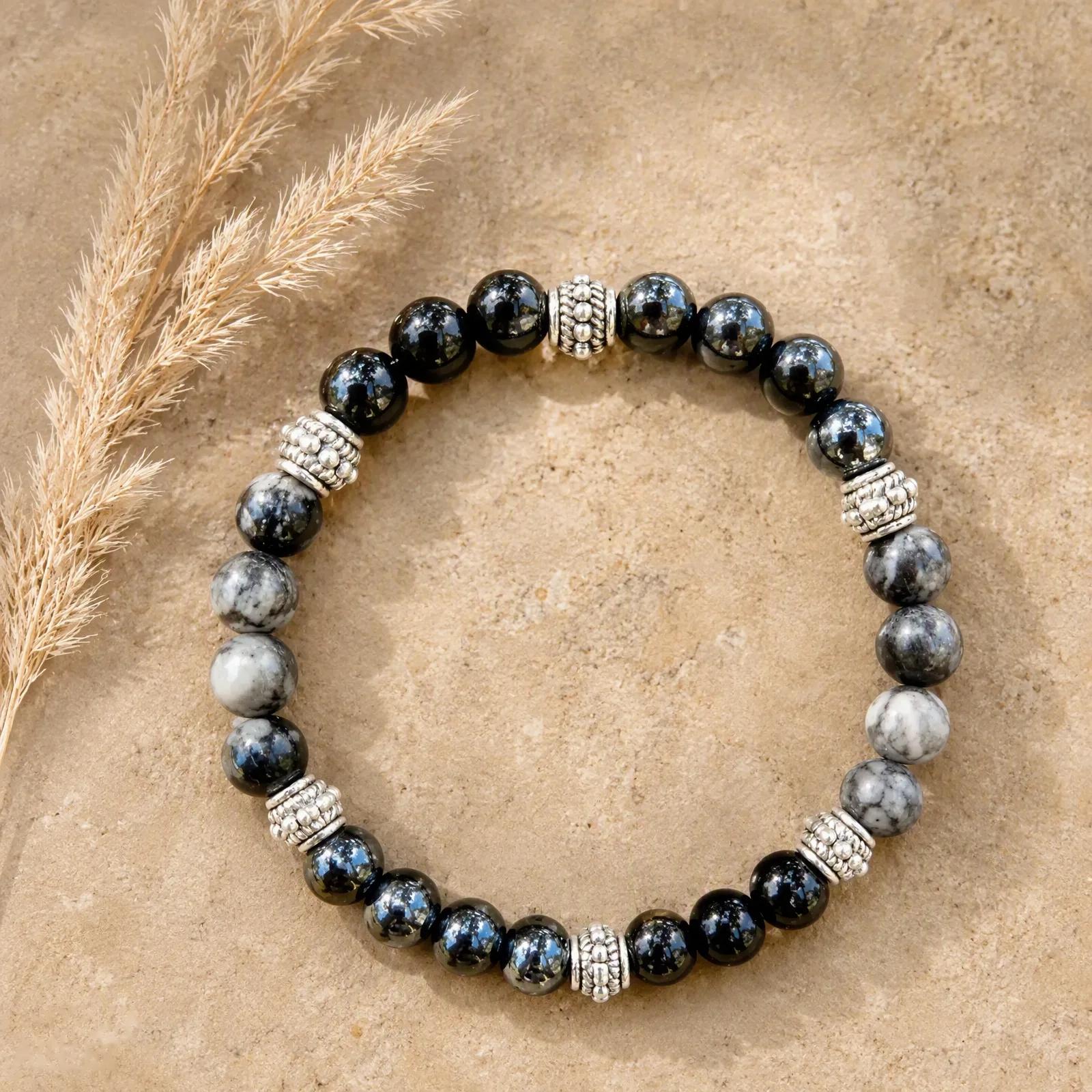 Obsidian & Snowflake Obsidian & Hematite Beaded Bracelet view 3