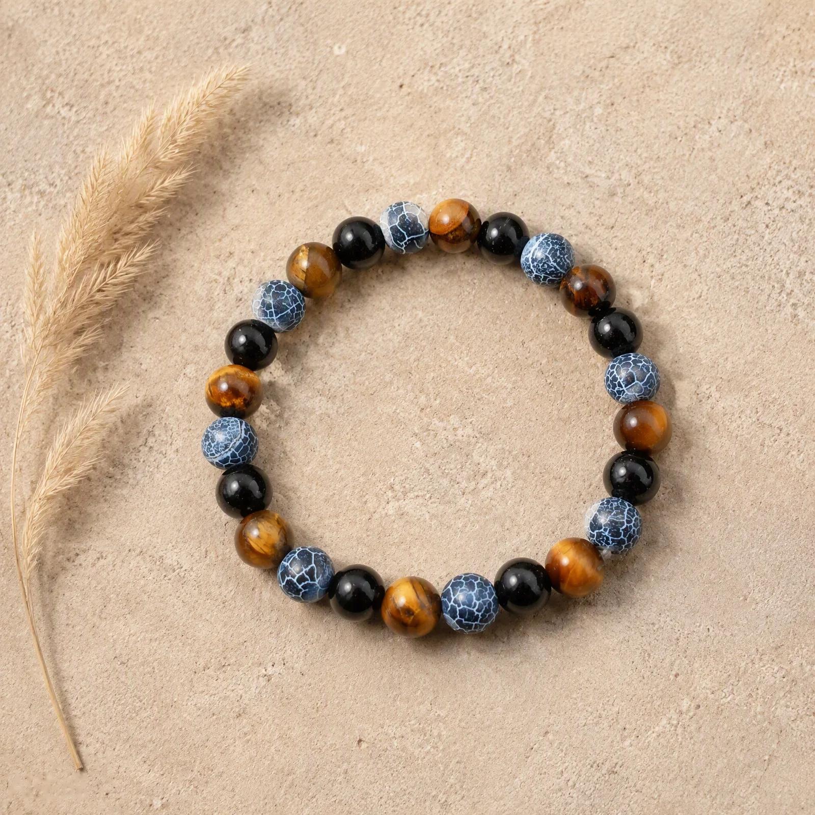 Tiger Eye & Obsidian & Web Agate Beaded Bracelet view 2