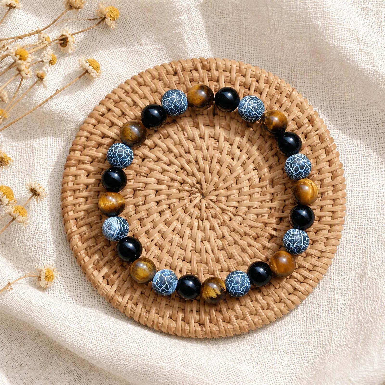 Tiger Eye & Obsidian & Web Agate Beaded Bracelet view 3