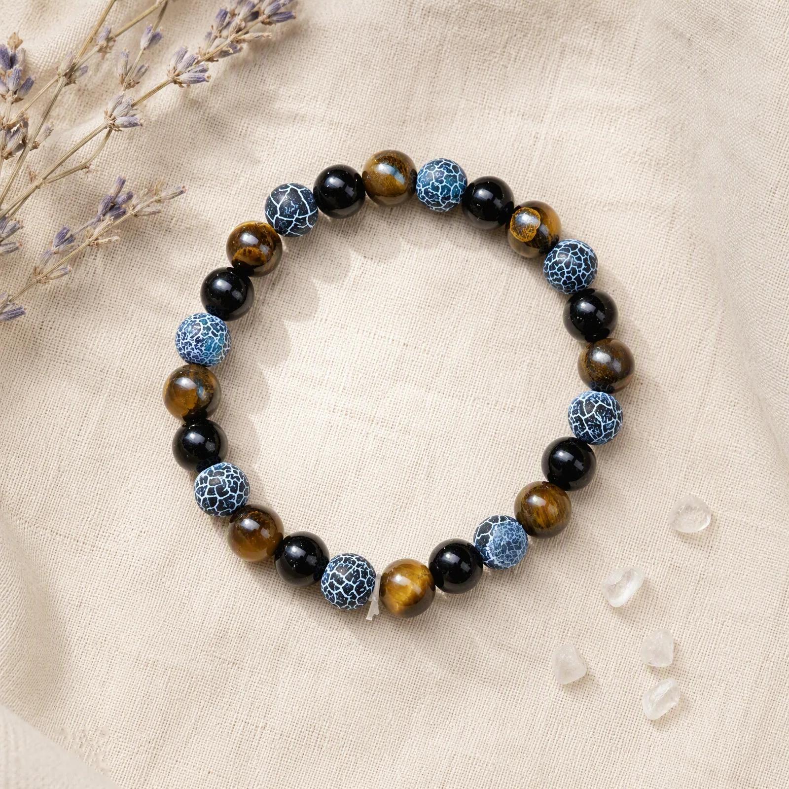 Tiger Eye & Obsidian & Web Agate Beaded Bracelet view 4