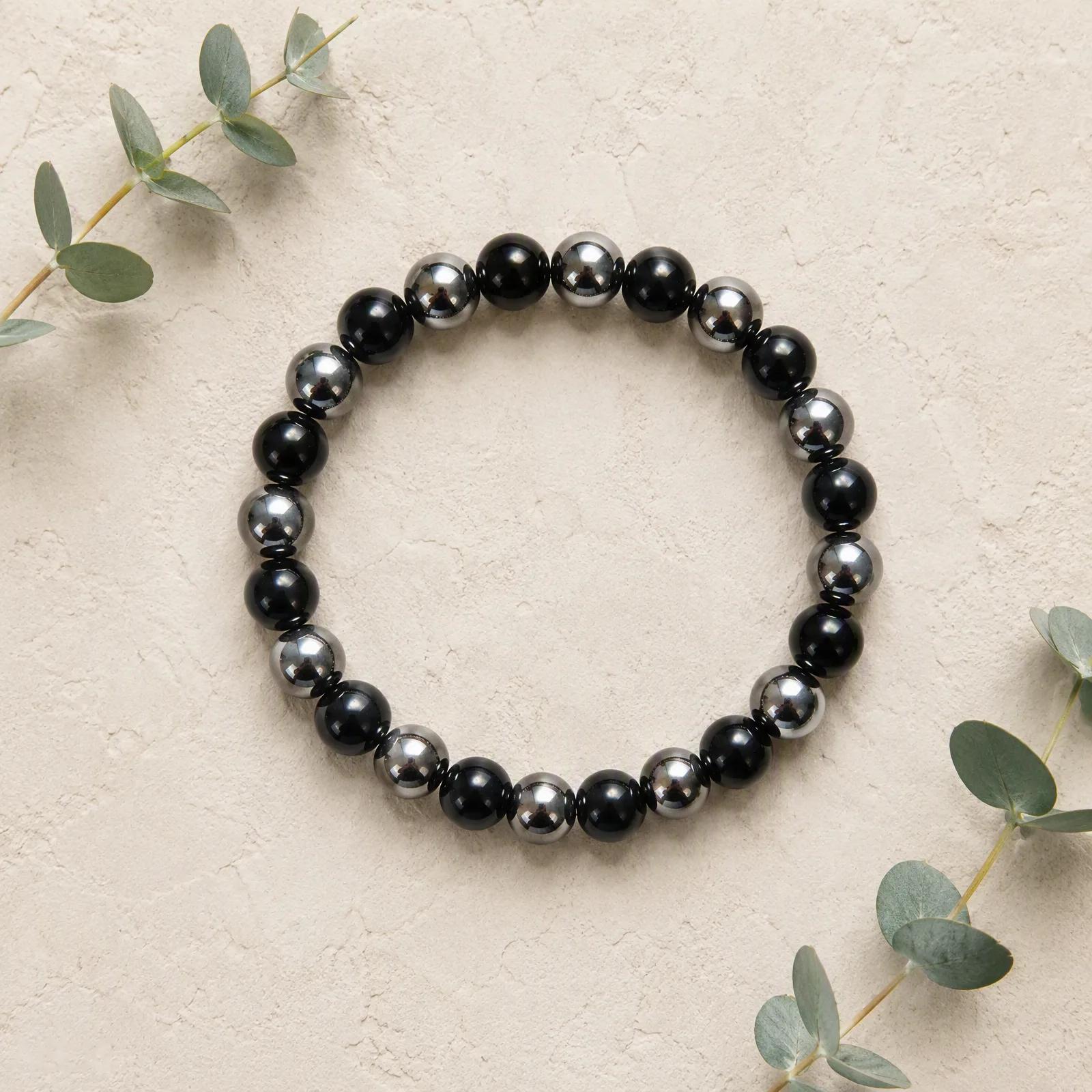 Obsidian & Hematite Beaded Bracelet — Handmade view 1